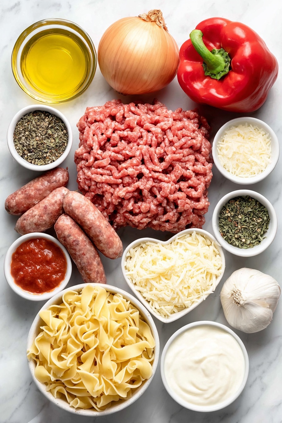 Spicy Lasagna Soup, spicy lasagna soup recipe, comforting lasagna soup, easy lasagna soup, weeknight lasagna soup - Flat lay of a small white ceramic bowl of extra virgin olive oil, a whole yellow onion with papery skin, a few celery stalks with leaves, two whole red bell peppers, six cloves of garlic with skins, raw ground beef formed into a rough mound, raw spicy Italian sausage links, small white ceramic bowls with dried basil, dried oregano, and dried thyme, a small white ceramic bowl of red pepper flakes, a small white ceramic bowl of bright red tomato paste, a small white ceramic bowl of dry white wine, a white ceramic bowl filled with crushed tomatoes, a small white ceramic bowl of creamy coconut milk, a pile of broken lasagna noodles, a small white ceramic bowl holding shredded provolone cheese, and a small white ceramic bowl of grated parmesan cheese, all ingredients fresh and natural, perfectly arranged with balanced layout and symmetry, placed on a clean white marble surface, soft natural light, photo taken with an iPhone, professional food photography style, fresh ingredients, white ceramic bowls, no bottles, no duplicates, no utensils, no packaging --ar 2:3 --v 7 --p m7354615311229779997