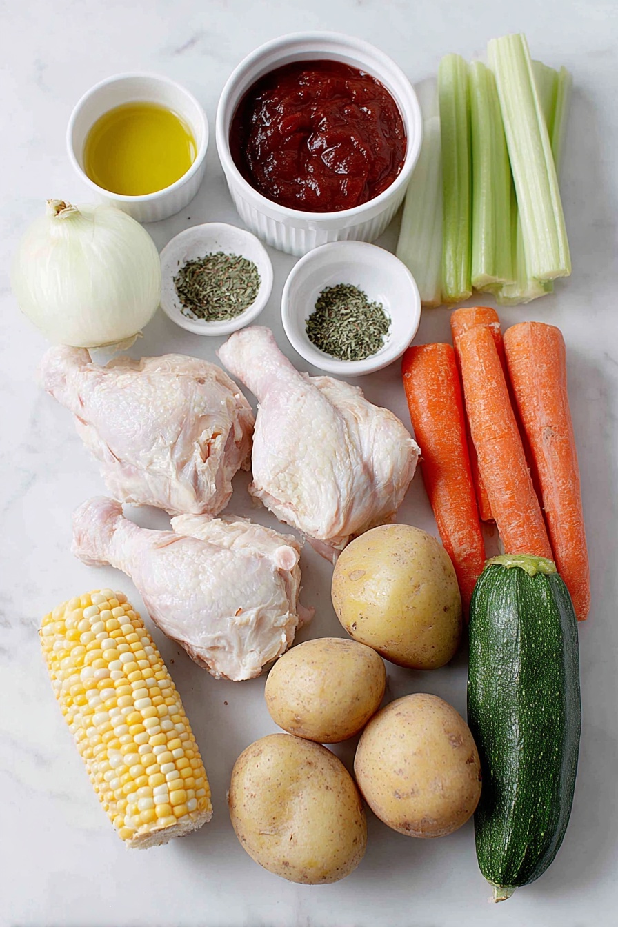 Mexican Chicken Soup, Mexican Chicken Soup recipe, Caldo de pollo, Mexican chicken soup with fresh herbs, comforting Mexican chicken soup - Flat lay of two large skinless boneless chicken breasts, two whole chicken legs with bone, a small white bowl with golden olive oil, a quarter of a medium white onion roughly chopped, two celery sticks chopped, four large whole carrots, two whole garlic cloves, a small white bowl filled with deep red tomato sauce, two whole chicken bouillon cubes, a small white bowl of coarse kosher salt, a small white bowl of ground black pepper, a small white bowl of dried Mexican oregano, a small bunch of fresh cilantro leaves, one corn on the cob cut into five pieces, one whole chayote with smooth green skin, two large russet potatoes cut into thick cubes with skin on, two medium zucchinis cut into thick cubes with bright green skin, placed on a clean white marble surface, soft natural light, photo taken with an iPhone, professional food photography style, fresh ingredients, white ceramic bowls, no bottles, no duplicates, no utensils, no packaging --ar 2:3 --v 7 --p m7354615311229779997