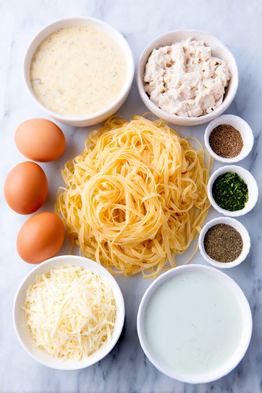 Creamy Chicken Tetrazzini Bake, Chicken Tetrazzini casserole, cheesy chicken pasta bake, easy chicken casserole, comforting chicken pasta dish - Flat lay of linguine pasta nest, chopped cooked rotisserie chicken pieces, small white bowls with creamy chicken soup, creamy mushroom soup, sour cream, melted butter, chicken broth, white ceramic bowl with grated Parmesan cheese, white ceramic bowl with shredded mozzarella cheese, white ceramic bowl holding dried parsley, white ceramic bowls with salt, black pepper, and garlic powder, whole uncracked brown eggs placed symmetrically around the composition, placed on a clean white marble surface, soft natural light, photo taken with an iPhone, professional food photography style, fresh ingredients, white ceramic bowls, no bottles, no duplicates, no utensils, no packaging --ar 2:3 --v 7 --p m7354615311229779997