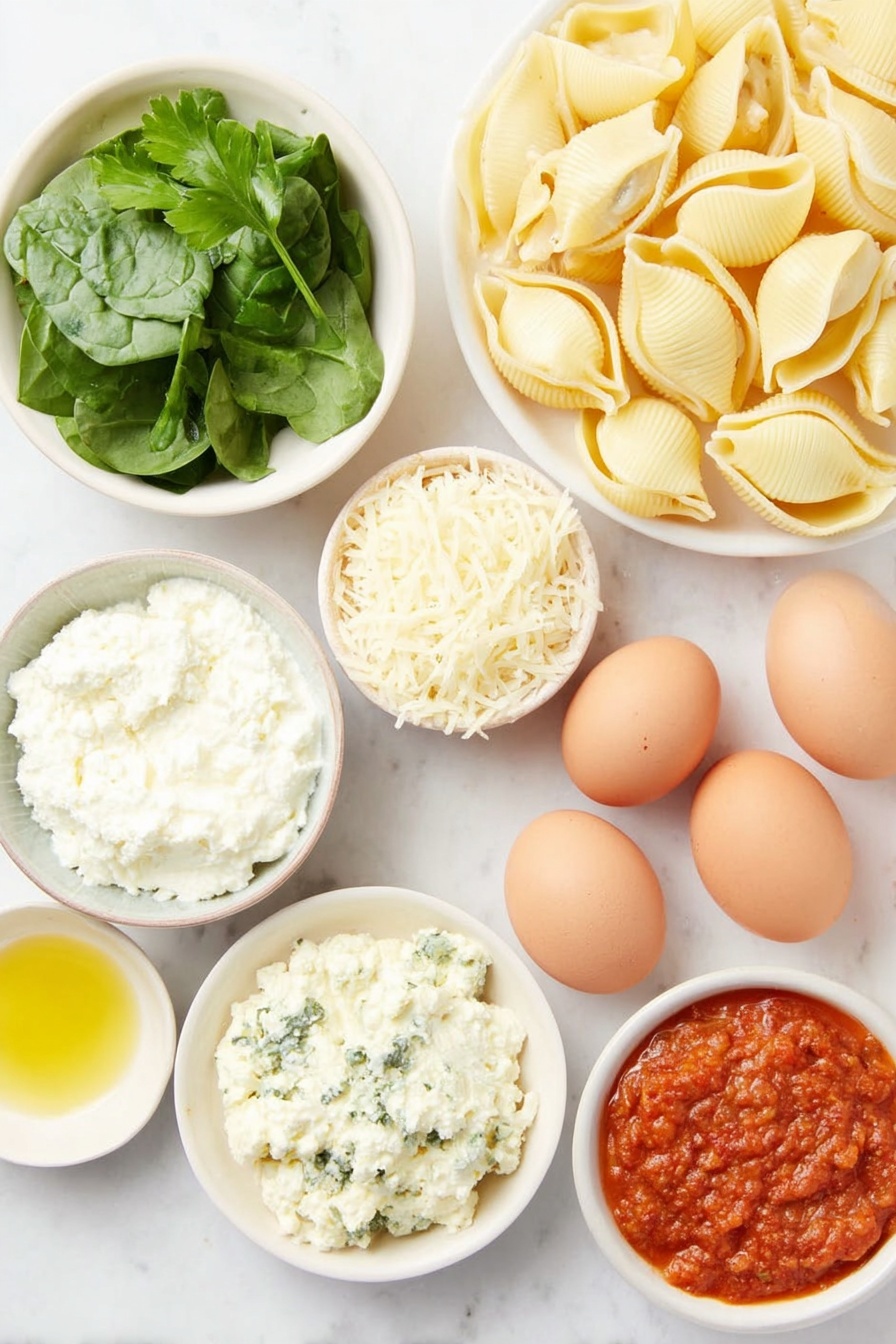 Cheese-Stuffed Shells with Spinach, cheesy stuffed pasta shells, spinach and cheese baked shells, easy stuffed shell pasta, comfort food Italian dish - Flat lay of fresh jumbo pasta shells arranged neatly, a small white bowl of bright green fresh spinach leaves, a small white bowl with creamy white ricotta cheese, a small white bowl with shredded mozzarella cheese, a small white bowl with grated Parmesan cheese, a small white bowl of smooth cream cheese, three whole uncracked brown eggs, three cloves of fresh garlic, a small white bowl containing rich red marinara sauce, a small white bowl with golden olive oil, a few sprigs of fresh green parsley, placed on a clean white marble surface, soft natural light, photo taken with an iPhone, professional food photography style, fresh ingredients, white ceramic bowls, no bottles, no duplicates, no utensils, no packaging --ar 2:3 --v 7 --p m7354615311229779997