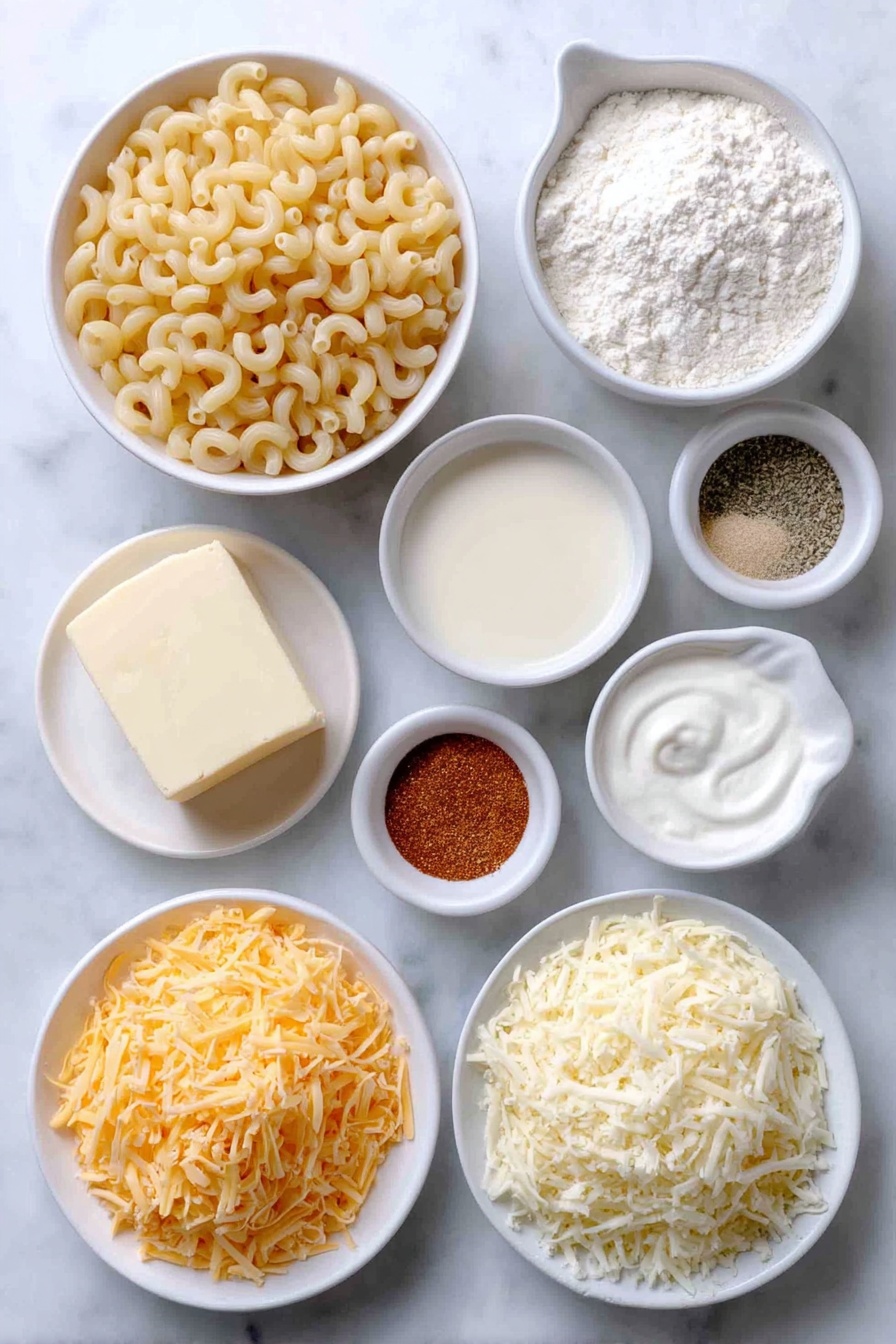 Creamy Cheddar Mac and Cheese Bake, cheesy baked pasta, easy mac and cheese recipe, comfort food pasta bake, cheesy casserole with crunchy topping - Flat lay of cavatappi noodles in a simple white ceramic bowl, a few cubes of unsalted butter on a small white plate, a small white bowl filled with all-purpose flour, another small white bowl containing whole milk, a small white bowl with evaporated milk, a small white bowl holding smooth Dijon mustard, a small white bowl with garlic powder, a small white bowl with onion powder, a small white bowl with dried parsley, a small white bowl with black pepper, a pile of freshly shredded cheddar cheese on a white plate, a pile of freshly shredded Monterey Jack cheese on another white plate, a pile of freshly shredded Gruyère cheese on a white plate, a small white bowl of sour cream, a small white bowl of seasoned panko breadcrumbs, and a small white bowl with melted butter, arranged symmetrically and balanced, all placed on a clean white marble surface, soft natural light, photo taken with an iPhone, professional food photography style, fresh ingredients, white ceramic bowls, no bottles, no duplicates, no utensils, no packaging --ar 2:3 --v 7 --p m7354615311229779997