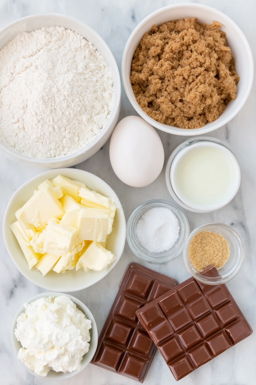Gooey Cookie Butter S'mores Blondies, cookie butter blondies, s'mores blondies recipe, gooey dessert bars, marshmallow chocolate blondies - Flat lay of a small white ceramic bowl of melted unsalted butter, a few heaping tablespoons of brown sugar loosely piled on a white ceramic plate, one large whole egg with a clean shell, a small white ceramic bowl of clear vanilla extract, a small white ceramic bowl filled with all-purpose flour, a small white ceramic bowl with finely ground graham cracker crumbs, a pinch of salt and baking soda arranged as small white ceramic bowls of fine white powders, three unwrapped large rectangular milk chocolate bars broken into pieces, a small white ceramic bowl with creamy cookie butter, and a small white ceramic bowl of fluffy white marshmallow fluff, all arranged in perfect symmetry and balanced proportions, placed on a clean white marble surface, soft natural light, photo taken with an iPhone, professional food photography style, fresh ingredients, white ceramic bowls, no bottles, no duplicates, no utensils, no packaging --ar 2:3 --v 7 --p m7354615311229779997