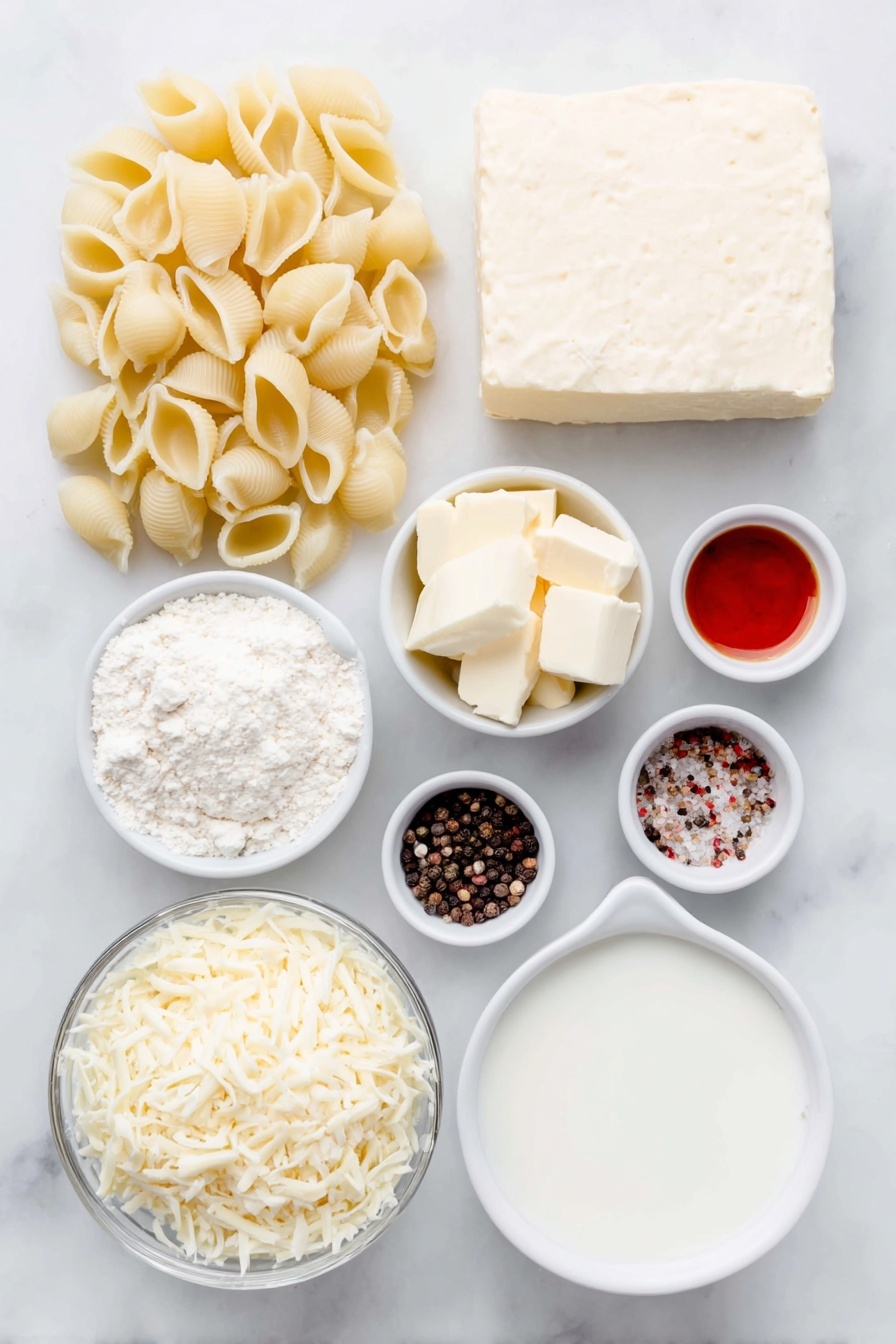 Copycat Panera Mac and Cheese, creamy cheesy pasta, homemade Panera style mac and cheese, easy comfort food recipe, cheesy pasta dish - Flat lay of medium pasta shells in a small pile, a chunk of white cheddar block next to a small mound of shredded white cheddar cheese, a small white ceramic bowl of cubed butter, a small white ceramic bowl of white flour powder, a small white ceramic bowl filled with heavy cream, a small white ceramic bowl filled with whole milk, a small white ceramic bowl containing a pale yellow mustard powder, a small white ceramic bowl with a few drops of orange-red hot sauce, a small white ceramic bowl of coarse salt crystals, a small white ceramic bowl of whole black peppercorns, all arranged symmetrically and balanced on a clean white marble surface, soft natural light, photo taken with an iPhone, professional food photography style, fresh ingredients, white ceramic bowls, no bottles, no duplicates, no utensils, no packaging --ar 2:3 --v 7 --p m7354615311229779997