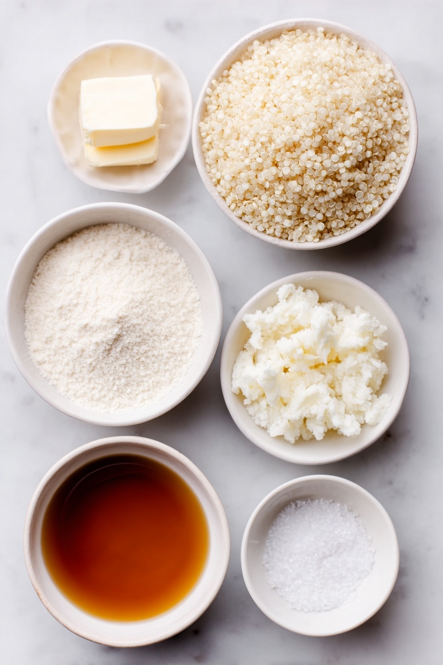 Garlic Butter Quinoa, flavorful quinoa side dish, easy garlic butter quinoa recipe, quick quinoa recipes, savory quinoa side dish - Flat lay of a small mound of uncooked white quinoa grains, a few curls of creamy vegan butter, a small white bowl filled with pale off-white garlic powder, a small white bowl of coarse sea salt crystals, and a small white bowl containing golden vegetable broth, all arranged in perfect symmetry on a clean white ceramic surface, placed on a clean white marble surface, soft natural light, photo taken with an iPhone, professional food photography style, fresh ingredients, white ceramic bowls, no bottles, no duplicates, no utensils, no packaging --ar 2:3 --v 7 --p m7354615311229779997