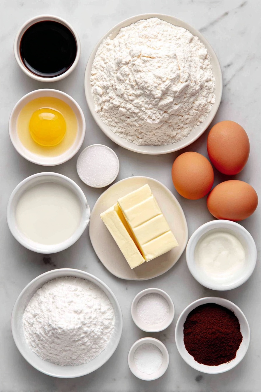 Cinnamon Roll Cake, Easy Cinnamon Roll Cake, No-Fail Cinnamon Roll Cake, Cinnamon Swirl Cake, Breakfast Cinnamon Cake - Flat lay of a small pile of all-purpose flour on a white ceramic plate, a tablespoon of golden baking powder in a small white bowl, a pinch of coarse salt in another small white bowl, a mound of granulated sugar on a white plate, a small white bowl with melted unsalted butter shimmering, a small white bowl of whole milk, two large whole brown eggs with clean shells arranged side by side, a small white bowl holding clear vanilla extract, a small white bowl with packed light brown sugar, a softened slab of unsalted butter on a white plate, a tablespoon of pale all-purpose flour on a white plate, a small white bowl filled with warm ground cinnamon powder, a small white bowl containing powdered sugar, a smaller white bowl with milk for glaze, and a tiny white bowl with vanilla extract—all ingredients shown fresh and natural, perfectly arranged in balanced, symmetrical composition placed on a clean white marble surface, soft natural light, photo taken with an iPhone, professional food photography style, fresh ingredients, white ceramic bowls, no bottles, no duplicates, no utensils, no packaging --ar 2:3 --v 7 --p m7354615311229779997