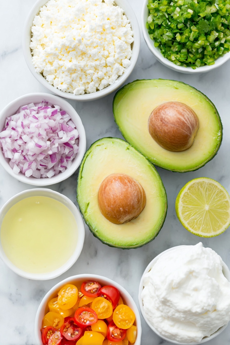 Triple Layer Guacamole Dip with Cotija and Salsa, Mexican party dip, layered guacamole dip, healthy appetizer ideas, easy party dip recipes - Flat lay of two ripe avocados halved with pit removed, a small white bowl of freshly squeezed lime juice, a small white bowl of fresh lemon juice, a small white bowl of kosher salt, a few sprigs of bright green minced cilantro, a small heap of finely chopped red onion, a small pile of minced green jalapeno pepper, a small white bowl filled with rich sour cream, a small white bowl of finely crumbled white cotija cheese, a small white bowl of creamy mascarpone cheese, a small white bowl of small diced red, orange, and yellow bell peppers, a small white bowl of halved bright red cherry tomatoes, placed on a clean white marble surface, soft natural light, photo taken with an iPhone, professional food photography style, fresh ingredients, white ceramic bowls, no bottles, no duplicates, no utensils, no packaging --ar 2:3 --v 7 --p m7354615311229779997