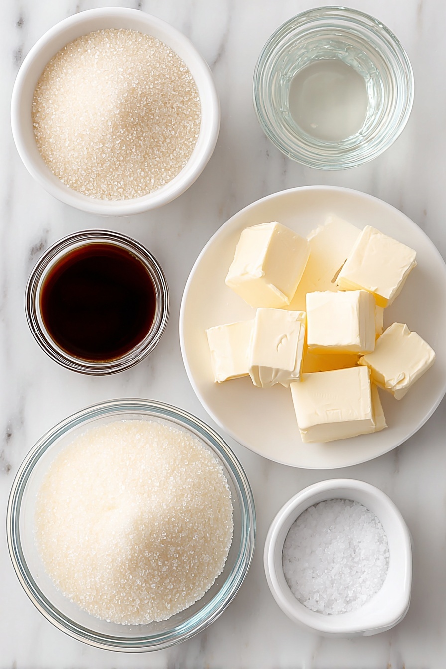 Homemade Caramel Sauce, caramel sauce recipe, easy caramel sauce, how to make caramel, caramel topping - Flat lay of a small white ceramic bowl of granulated sugar, a small white ceramic bowl of clear water, several pieces of unsalted butter cut into chunks on a simple white ceramic plate, a small white ceramic bowl filled with fresh heavy cream, a small white ceramic bowl with clear vanilla extract, and a small pinch of coarse salt on a white ceramic dish, all arranged with perfect symmetry and realistic proportions, placed on a clean white marble surface, soft natural light, photo taken with an iPhone, professional food photography style, fresh ingredients, white ceramic bowls, no bottles, no duplicates, no utensils, no packaging --ar 2:3 --v 7 --p m7354615311229779997