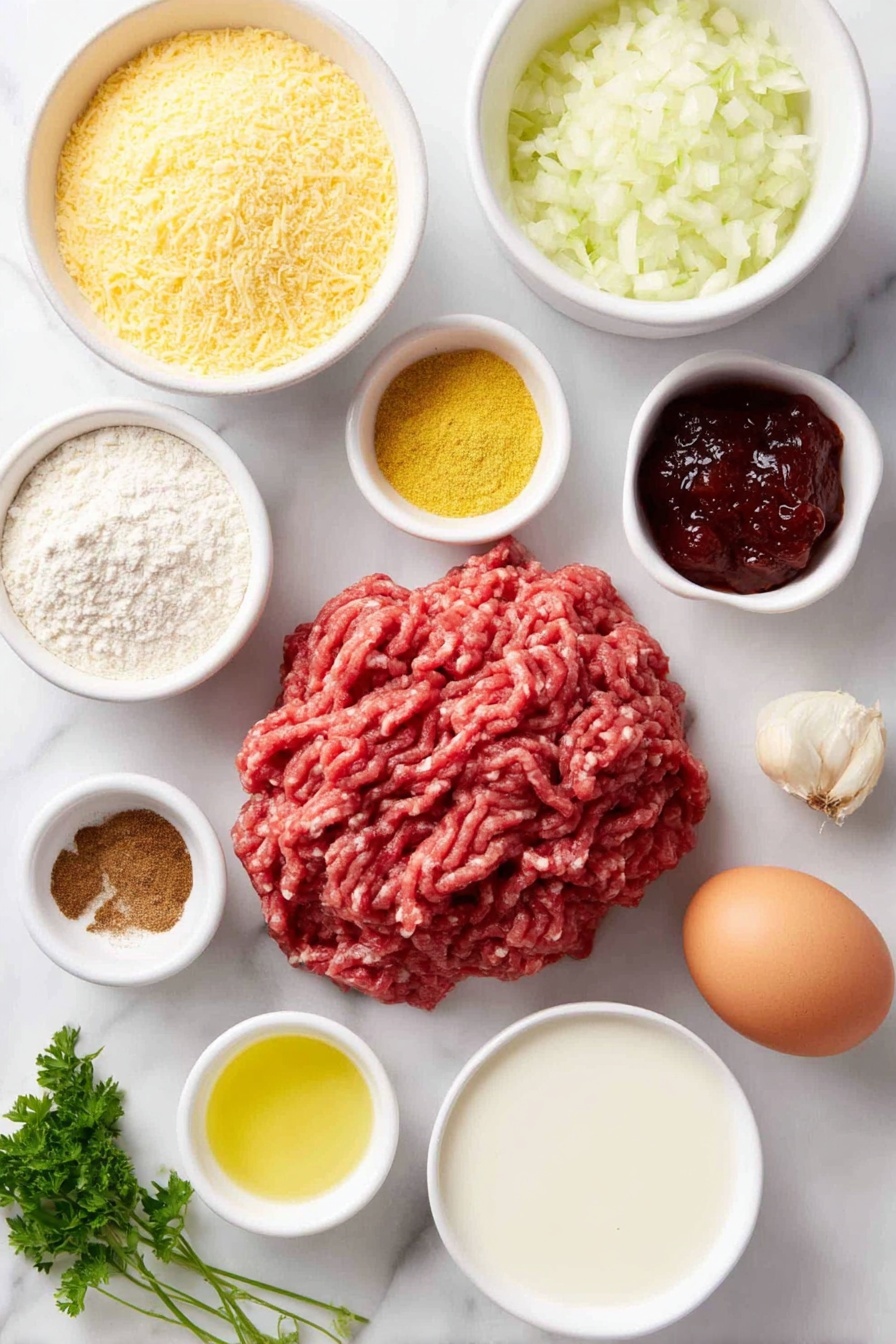 Swedish Meatballs with Creamy Gravy, Swedish meatballs, creamy gravy recipe, homemade Swedish meatballs, comfort food recipes - Flat lay of fresh ground beef shaped loosely in a small mound, a small white ceramic bowl filled with golden breadcrumbs, a small white ceramic bowl holding finely chopped white onion, one peeled garlic clove resting whole, a few sprigs of fresh green parsley, a small white ceramic bowl containing bright yellow ground nutmeg powder, a small white ceramic bowl with warm brown allspice powder, a small white ceramic bowl filled with coarse black pepper, one large whole brown egg with a clean shell, a small white ceramic bowl of creamy whole milk, a small white ceramic bowl with clear golden cooking oil, a small white ceramic bowl filled with softened pale yellow butter, a small white ceramic bowl holding white flour, a small white ceramic bowl containing rich brown beef broth, a small white ceramic bowl of smooth Dijon mustard pale yellow in color, a small white ceramic bowl with vibrant red lingonberry jam, all ingredients evenly spaced and symmetrically arranged on a clean white marble surface, soft natural light, photo taken with an iPhone, professional food photography style, fresh ingredients, white ceramic bowls, no bottles, no duplicates, no utensils, no packaging --ar 2:3 --v 7 --p m7354615311229779997