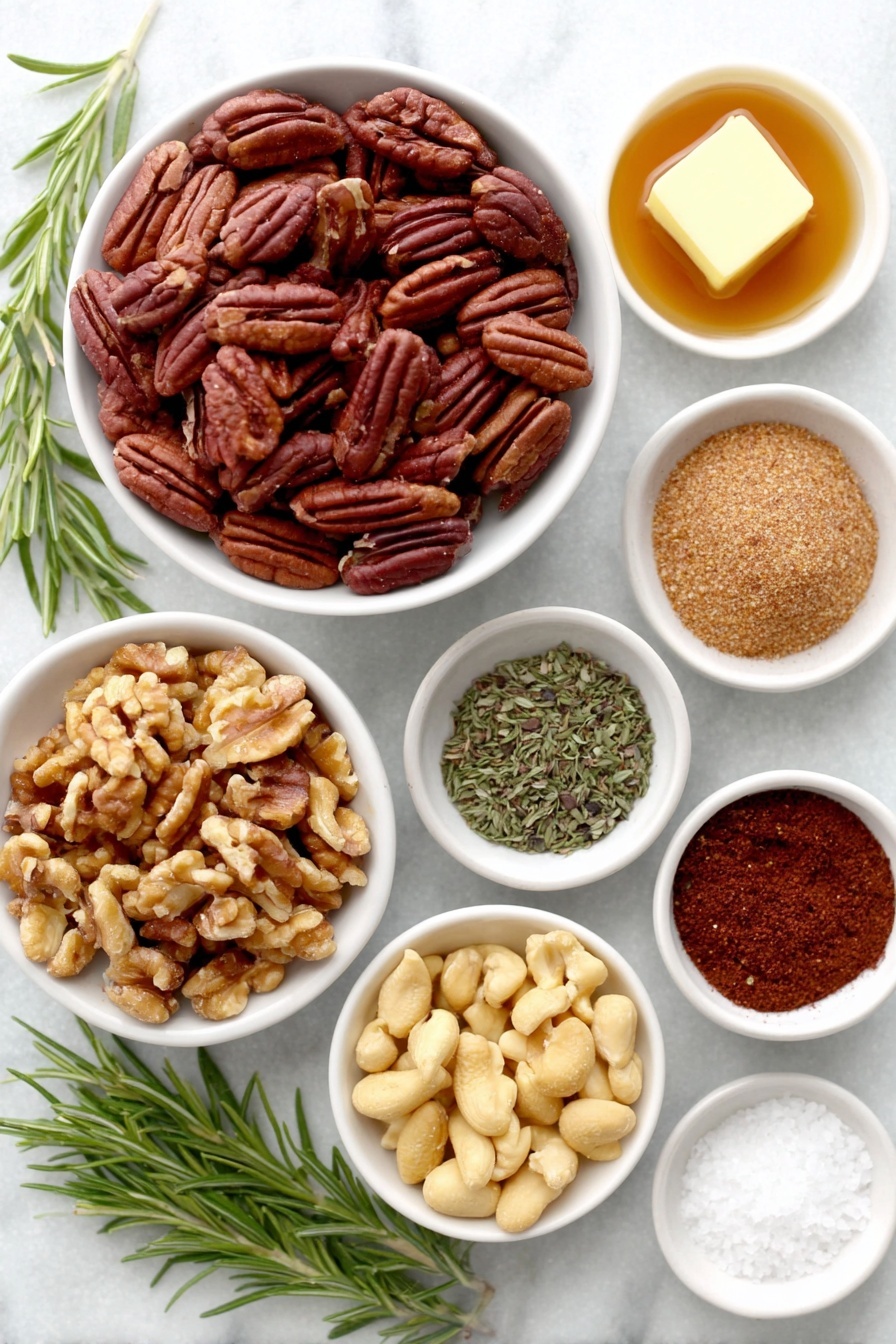 Spiced Roasted Nuts, flavorful roasted nut snack, homemade spiced nuts, easy roasted nuts recipe, hearty snack ideas - Flat lay of a natural mix of raw pecans, walnuts, peanuts, cashews, and almonds, a small piece of unsalted butter, a few fresh rosemary sprigs with finely chopped leaves in a small white bowl, a small white bowl of amber pure maple syrup, a small white bowl of light brown sugar, a small white bowl of ground cumin, a small white bowl of bright red cayenne pepper powder, a small white bowl of coarse sea salt, a small white bowl of freshly cracked black pepper, a small white bowl of golden turbinado sugar, a few flakes of Maldon sea salt, all arranged symmetrically on a clean white marble surface, soft natural light, photo taken with an iPhone, professional food photography style, fresh ingredients, white ceramic bowls, no bottles, no duplicates, no utensils, no packaging --ar 2:3 --v 7 --p m7354615311229779997