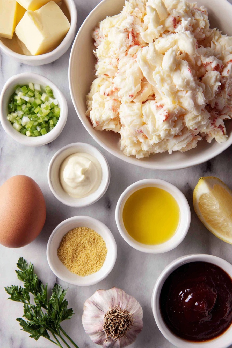 Crispy Crab Cake Poppers with Spicy Aioli, crab cake appetizers, seafood bite-sized snacks, easy crab cake recipe, flavorful crab dish - Flat lay of fresh jumbo lump crab meat, two tablespoons golden butter, a small white bowl of diced bright green onions, a small white bowl of diced vibrant red bell pepper, a small white bowl of diced pale green celery, a few sprigs of fresh green parsley, one whole uncracked brown egg, a small white bowl of creamy white mayonnaise, a small white bowl of dark Worcestershire sauce, a small white bowl of bright yellow dry mustard powder, a small white bowl of reddish cayenne pepper powder, a small white bowl with golden panko breadcrumbs, a small white bowl with clear golden canola oil, a small white bowl of pale yellow lemon juice, one fresh whole garlic clove, a small white bowl of deep red chili sauce, all arranged symmetrically on a clean white marble surface, soft natural light, photo taken with an iPhone, professional food photography style, fresh ingredients, white ceramic bowls, no bottles, no duplicates, no utensils, no packaging --ar 2:3 --v 7 --p m7354615311229779997