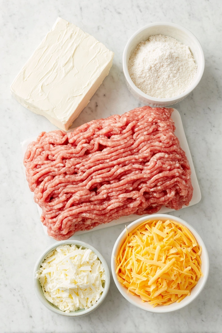 Cream Cheese Sausage Balls, how to make sausage balls, cheesy sausage bites, easy party snacks, sausage ball appetizer - Flat lay of a small mound of fresh hot pork sausage, an uncut block of creamy white cream cheese, a small white ceramic bowl filled with pale Bisquick baking mix, a small white bowl heaped with bright orange shredded cheddar cheese, placed on a clean white marble surface, soft natural light, photo taken with an iPhone, professional food photography style, fresh ingredients, white ceramic bowls, no bottles, no duplicates, no utensils, no packaging --ar 2:3 --v 7 --p m7354615311229779997