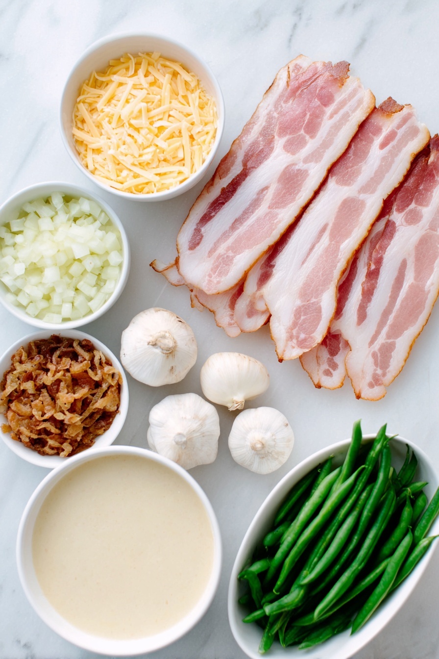 Green Bean Casserole with Bacon and Cheese, cheesy green bean casserole, bacon green bean bake, easy green bean casserole with bacon, ultimate green bean casserole with cheese - Flat lay of six strips of crispy bacon, half a yellow onion finely diced in a small white bowl, a small white bowl of chopped fresh button mushrooms, three whole garlic cloves unpeeled, two small white bowls filled with thick cream of mushroom soup, a small white bowl of milk, a small white bowl with shredded Monterey Jack cheese, a few whole green beans fresh and bright, a small white bowl filled with crispy French fried onions, salt and pepper in small white bowls, all ingredients fresh and natural, perfectly arranged with balanced spacing, placed on a clean white marble surface, soft natural light, photo taken with an iPhone, professional food photography style, fresh ingredients, white ceramic bowls, no bottles, no duplicates, no utensils, no packaging --ar 2:3 --v 7 --p m7354615311229779997