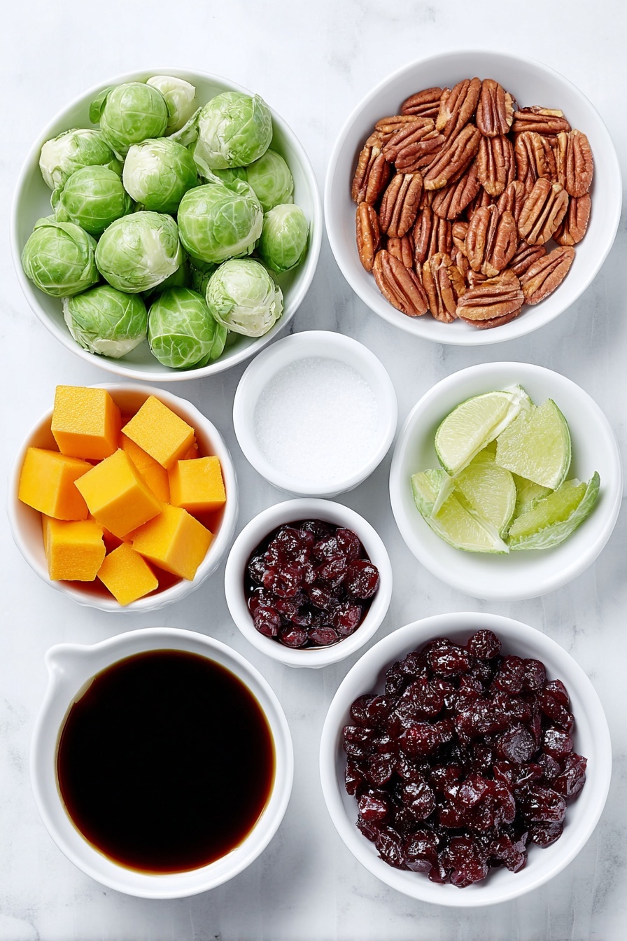 Winter Vegetable Salad with Butternut Squash, healthy winter vegetable salad, roasted vegetable salad recipes, hearty winter salads, seasonal vegetable salad - Flat lay of fresh raw Brussels sprouts cut in half, bright cubed butternut squash, two whole unpeeled red beets, a small white ceramic bowl filled with glossy pecan halves, another small white bowl with plump dried cranberries, a small white bowl containing amber maple syrup, a small white bowl of freshly squeezed lime juice, and a small white bowl holding thick dark balsamic glaze, all arranged in perfect symmetry on a clean white marble surface, soft natural light, photo taken with an iPhone, professional food photography style, fresh ingredients, white ceramic bowls, no bottles, no duplicates, no utensils, no packaging --ar 2:3 --v 7 --p m7354615311229779997