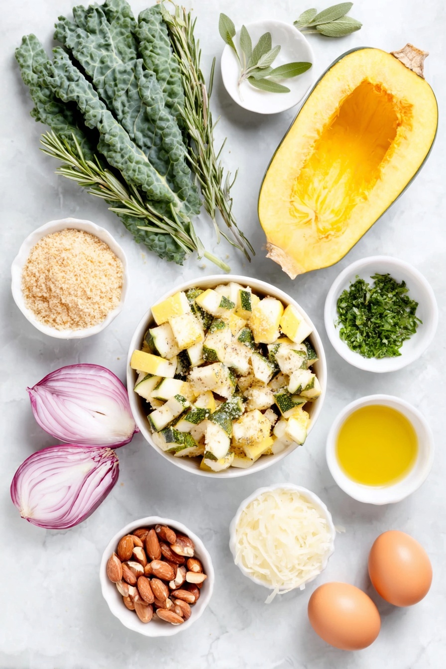 Autumn Caesar Salad with Roasted Delicata Squash, roasted delicata squash salad, fall Caesar salad recipe, seasonal squash salad, easy autumn salad - Flat lay of a bunch of dark green shredded kale leaves, a large shallot thinly sliced showing its purple rings, half a bright yellow lemon cut to display the juicy pulp, a medium delicata squash with creamy yellow skin and green stripes sliced into half-inch cubes, a small white ceramic bowl filled with golden olive oil, a small white ceramic bowl of light brown panko breadcrumbs, a small white ceramic bowl of finely grated pale parmesan cheese, a small white ceramic bowl with chopped fresh green rosemary, sage, and thyme herbs, a small white ceramic bowl of whole pine nuts, a small white ceramic bowl of creamy Caesar dressing, and three whole brown eggs with clean uncracked shells, all arranged symmetrically on a clean white marble surface, soft natural light, photo taken with an iPhone, professional food photography style, fresh ingredients, white ceramic bowls, no bottles, no duplicates, no utensils, no packaging --ar 2:3 --v 7 --p m7354615311229779997