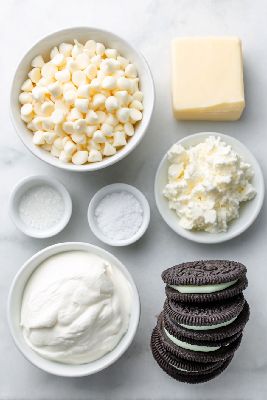 Mint Oreo Fudge, mint Oreo dessert, easy mint fudge, white chocolate fudge with Oreos, holiday mint fudge - Flat lay of a small pile of glossy white chocolate chips, a jar of fluffy white marshmallow cream in a simple white ceramic bowl, a stick of pale yellow butter on a clean white plate, a small white bowl filled with granulated white sugar, a small white bowl holding smooth heavy cream, a tiny white bowl with fine sea salt, a small white bowl containing clear pale green mint extract, and a neat stack of fresh, whole mint Oreo cookies with dark chocolate cookie halves and bright green mint cream visible, all arranged symmetrically on a clean white marble surface, soft natural light, photo taken with an iPhone, professional food photography style, fresh ingredients, white ceramic bowls, no bottles, no duplicates, no utensils, no packaging --ar 2:3 --v 7 --p m7354615311229779997