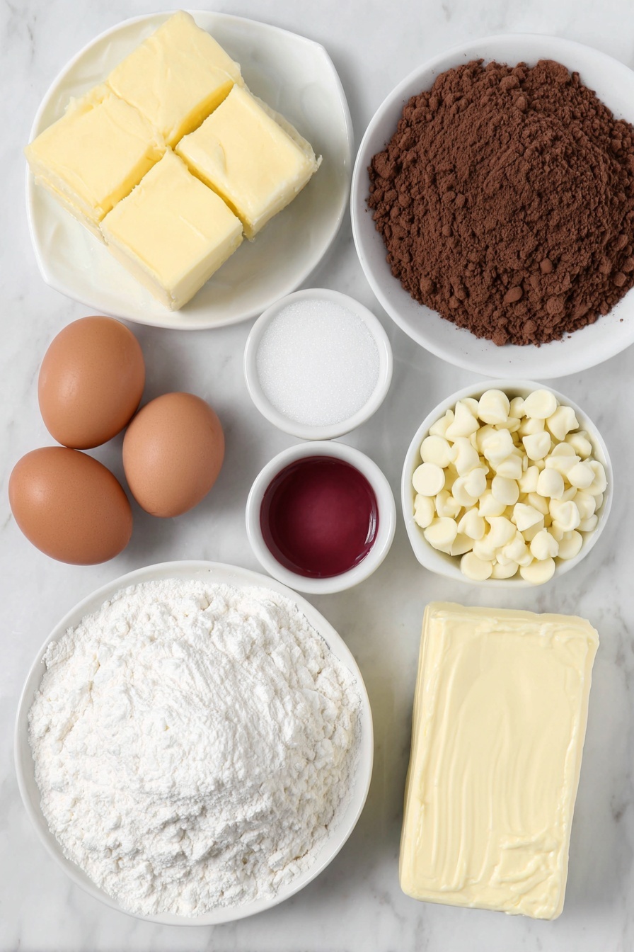 Cheesecake Stuffed Red Velvet Cookies, red velvet cookies with cheesecake filling, decadent red velvet cheesecake cookies, baked cheesecake cookies, red velvet dessert recipes - Flat lay of a small pile of barely softened pale yellow butter, two whole uncracked brown eggs with clean shells, a few heaping tablespoons of smooth unsweetened cocoa powder on a white ceramic plate, a neat mound of rich brown packed brown sugar, a smaller heap of fine white granulated sugar, a small white bowl filled with bright red food coloring gel, a tall stack of white all-purpose flour, a scattering of white chocolate chips, a block of creamy off-white cream cheese, a small white bowl of fine powdered sugar, and a small white bowl containing clear vanilla extract, all arranged with perfect symmetry and balanced spacing, placed on a clean white marble surface, soft natural light, photo taken with an iPhone, professional food photography style, fresh ingredients, white ceramic bowls, no bottles, no duplicates, no utensils, no packaging --ar 2:3 --v 7 --p m7354615311229779997