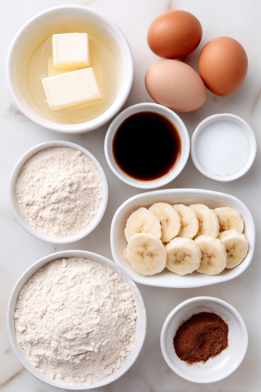 Cinnamon Banana Bread with Swirl, banana bread recipe with cinnamon swirl, moist banana bread with cinnamon, easy cinnamon banana bread, homemade cinnamon banana loaf - Flat lay of two sticks of unsalted butter melted in a small white ceramic bowl, a small white bowl of granulated sugar, two whole uncracked brown eggs, a small white bowl of vanilla extract, a small white bowl of all-purpose flour, a small white bowl of baking soda, a small white bowl of mashed ripe bananas, a small white bowl with a mixture of melted butter, granulated sugar, dark brown sugar, and ground cinnamon, six thin slices of ripe banana arranged neatly on a white ceramic plate placed on a clean white marble surface, soft natural light, photo taken with an iPhone, professional food photography style, fresh ingredients, white ceramic bowls, no bottles, no duplicates, no utensils, no packaging --ar 2:3 --v 7 --p m7354615311229779997