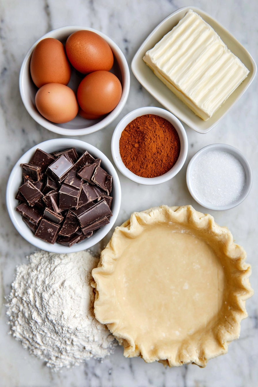 Fudgy Chocolate Brownie Pie, chocolate brownie pie, chocolate dessert, decadent brownie pie, easy chocolate pie - Flat lay of a chilled disc of homemade pie crust dough shaped into a smooth circle, a pile of coarsely chopped dark chocolate chunks, a slab of cold unsalted butter, a small white bowl of fine cocoa powder, two large whole brown eggs with clean shells, a small white bowl of caster sugar, a small white bowl of light brown sugar, a small white bowl of fine all-purpose flour, and a pinch of salt crystals placed symmetrically on a clean white marble surface, soft natural light, photo taken with an iPhone, professional food photography style, fresh ingredients, white ceramic bowls, no bottles, no duplicates, no utensils, no packaging --ar 2:3 --v 7 --p m7354615311229779997