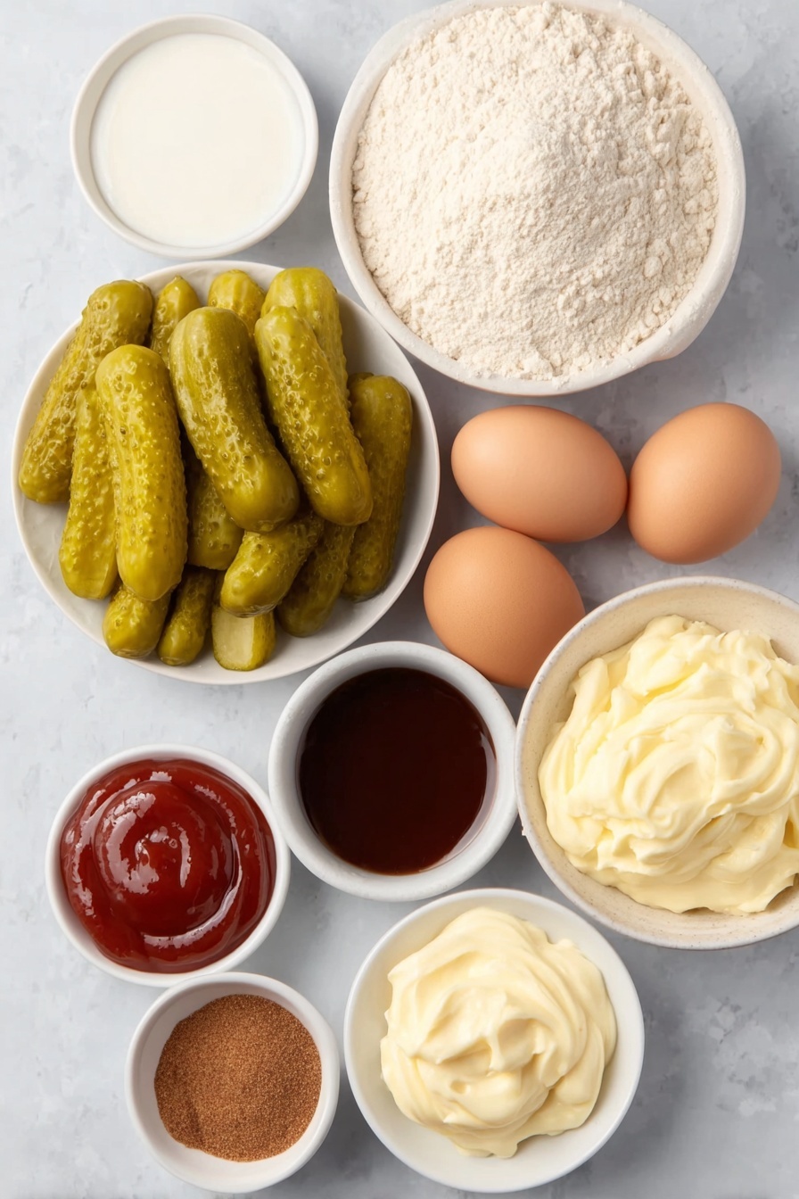 Fried Pickles with Zesty Dipping Sauce, crispy fried pickles, homemade pickle appetizer, easy fried pickle recipe, tangy dipping sauce - Flat lay of a small pile of fresh kosher dill pickles sliced just shy of a quarter inch, a small mound of all purpose flour, a few whole brown eggs with clean shells, a small white ceramic bowl of buttermilk, a small white ceramic bowl of vegetable oil, a small white ceramic bowl containing a blend of ground black pepper, paprika, cayenne pepper, garlic powder, a small white ceramic bowl with creamy ranch dressing, a small white ceramic bowl with glossy BBQ sauce, a small white ceramic bowl with smooth ketchup, a small white ceramic bowl with pale mayonnaise, placed on a clean white marble surface, soft natural light, photo taken with an iPhone, professional food photography style, fresh ingredients, white ceramic bowls, no bottles, no duplicates, no utensils, no packaging --ar 2:3 --v 7 --p m7354615311229779997