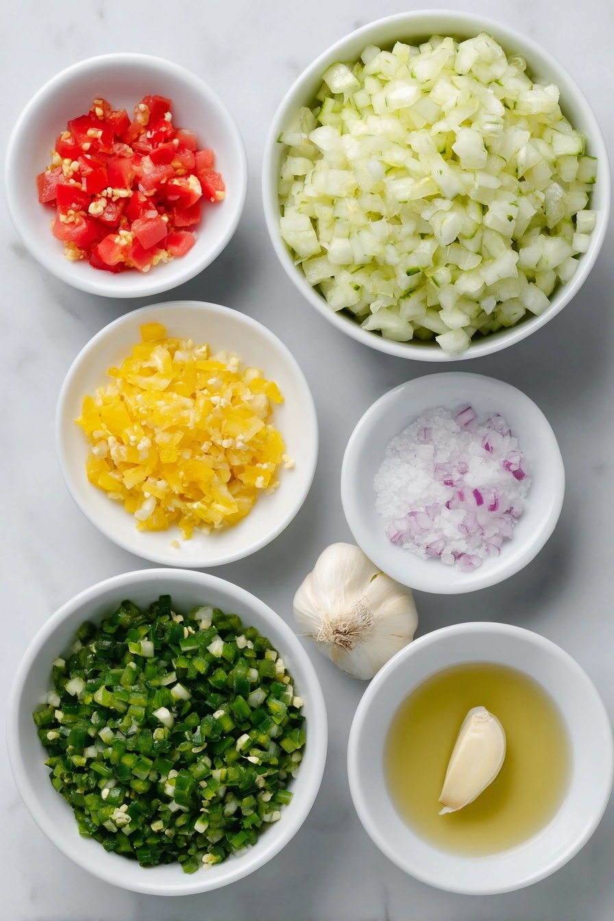 Dill Pickle Salsa, dill pickle salsa recipe, easy pickle salsa, tangy salsa with pickles, quick dill salsa - Flat lay of a small white ceramic bowl filled with finely diced seedless cucumber, a small white bowl with finely diced dill pickles, a small white bowl holding finely diced sweet onion, a small white bowl containing finely diced red bell pepper, a single peeled garlic clove, a small white bowl with bright green minced fresh jalapeño, a small white bowl with tiny pieces of fresh orange habanero, a small white bowl of clear pickle brine, and a small white bowl of coarse kosher salt, all arranged symmetrically and balanced, placed on a clean white marble surface, soft natural light, photo taken with an iPhone, professional food photography style, fresh ingredients, white ceramic bowls, no bottles, no duplicates, no utensils, no packaging --ar 2:3 --v 7 --p m7354615311229779997