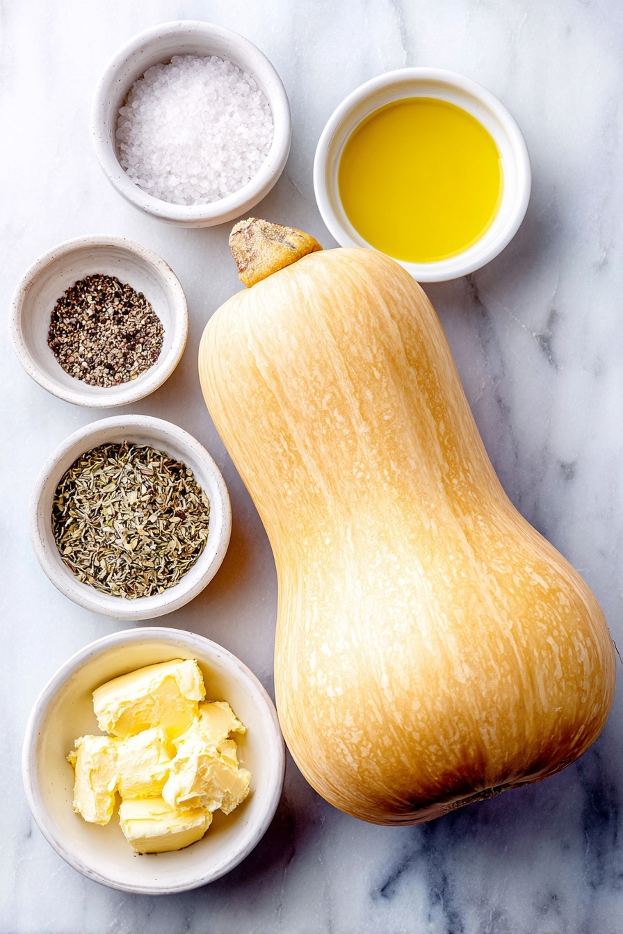 Sweet and Savory Roasted Butternut Squash, roasted butternut squash, honey glazed butternut squash, herb roasted butternut squash, easy butternut squash side dish - Flat lay of a medium whole butternut squash, a small white ceramic bowl filled with golden olive oil, a small white bowl of coarse white salt, a small white bowl of cracked black pepper, a small white bowl of mixed dried Italian herbs, a small white bowl of pale beige garlic powder, a small white bowl containing rich golden melted butter, all arranged symmetrically on a clean white marble surface, soft natural light, photo taken with an iPhone, professional food photography style, fresh ingredients, white ceramic bowls, no bottles, no duplicates, no utensils, no packaging --ar 2:3 --v 7 --p m7354615311229779997