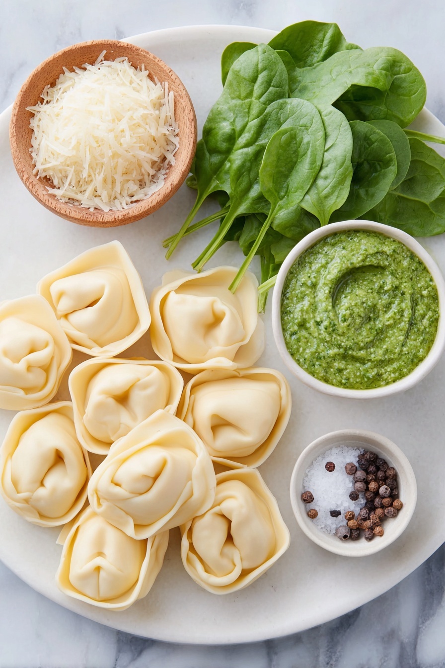 Creamy Pesto Tortellini, pesto tortellini recipe, quick pasta dinner, easy pesto pasta, creamy tortellini dinner - Flat lay of fresh cheese tortellini pasta arranged next to a small pile of vibrant baby spinach leaves, a small white ceramic bowl filled with bright green basil pesto sauce, a small white bowl holding freshly grated pale yellow parmesan cheese shavings, a small white bowl containing coarse salt, and a few whole uncracked brown peppercorns scattered symmetrically on a clean white ceramic plate, all ingredients fresh and natural, placed on a clean white marble surface, soft natural light, photo taken with an iPhone, professional food photography style, fresh ingredients, white ceramic bowls, no bottles, no duplicates, no utensils, no packaging --ar 2:3 --v 7 --p m7354615311229779997