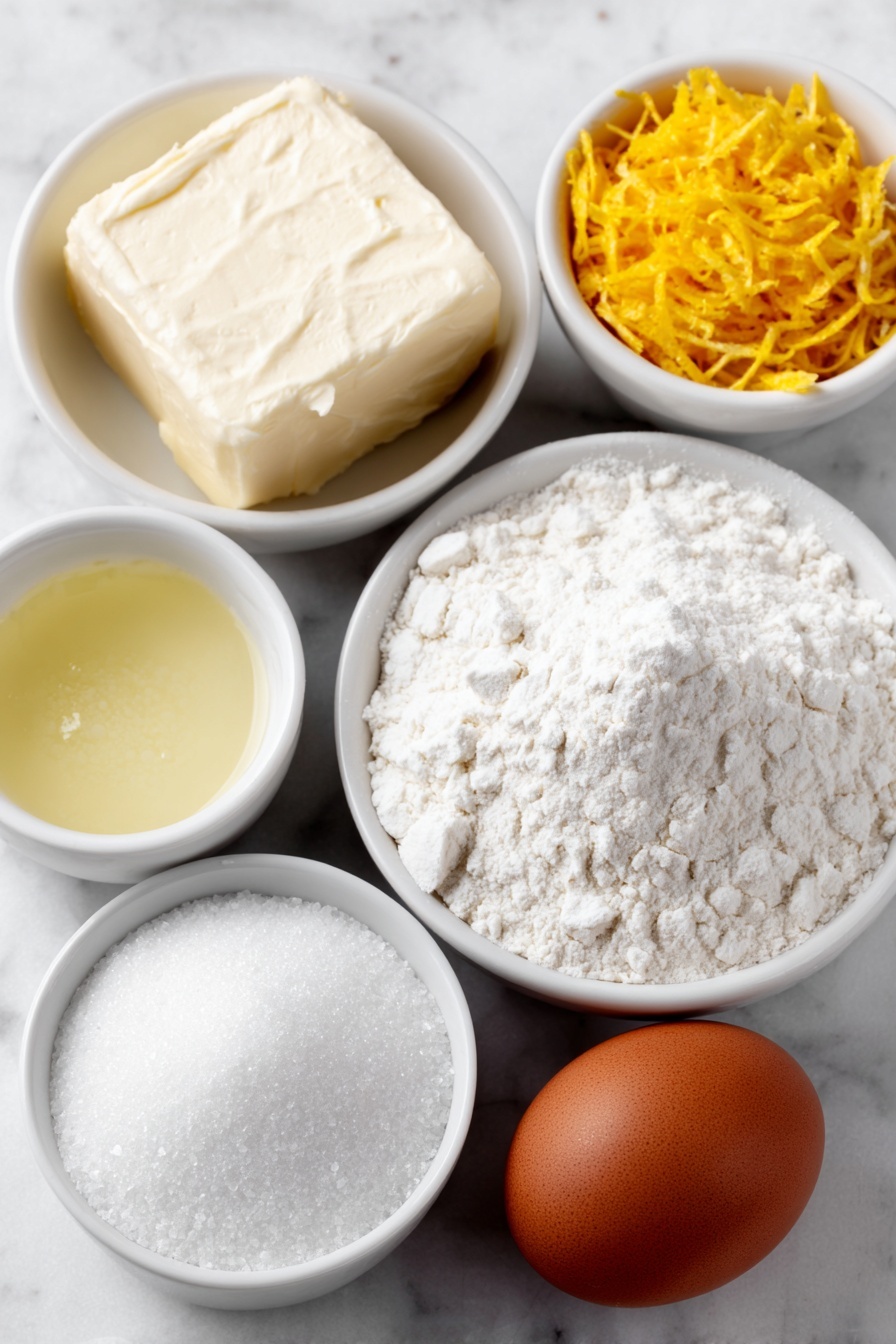 Lemon Cookies, lemon cookies recipe, citrus cookies, easy lemon dessert, tangy lemon treats - Flat lay of a large square of unsalted butter with a creamy texture, a small mound of granulated white sugar, a neat pile of bright yellow fresh lemon zest strands, a small white ceramic bowl filled with fresh pale yellow lemon juice, one large uncracked brown egg with a smooth shell, a small white ceramic bowl heaped with fine all-purpose flour, a small white ceramic bowl containing white baking soda powder, a tiny white ceramic bowl with fine salt crystals, and a small white ceramic bowl filled with extra granulated white sugar for rolling, all arranged in perfect symmetry on a clean white marble surface, soft natural light, photo taken with an iPhone, professional food photography style, fresh ingredients, white ceramic bowls, no bottles, no duplicates, no utensils, no packaging --ar 2:3 --v 7 --p m7354615311229779997