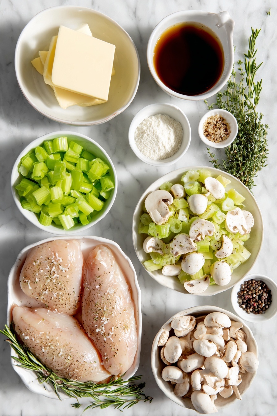Creamy Chicken Mushroom Soup, Chicken Mushroom Soup recipe, comforting mushroom soup, easy chicken and mushroom soup, hearty creamy soup - Flat lay of unsalted butter in a small white ceramic bowl, a large peeled and chopped sweet onion on a white plate, chopped celery on a white plate, several peeled garlic cloves scattered neatly, an assortment of fresh sliced mushrooms on a white ceramic dish, fresh chopped rosemary sprigs, dried thyme in a small white bowl, dry sherry in a small white bowl, two whole boneless chicken breasts, clear chicken broth in a small white bowl, heavy cream in a small white bowl, cornstarch in a small white bowl, chopped fresh parsley on a white plate, coarse salt and whole black peppercorns in small white bowls, all arranged symmetrically and balanced, placed on a clean white marble surface, soft natural light, photo taken with an iPhone, professional food photography style, fresh ingredients, white ceramic bowls, no bottles, no duplicates, no utensils, no packaging --ar 2:3 --v 7 --p m7354615311229779997