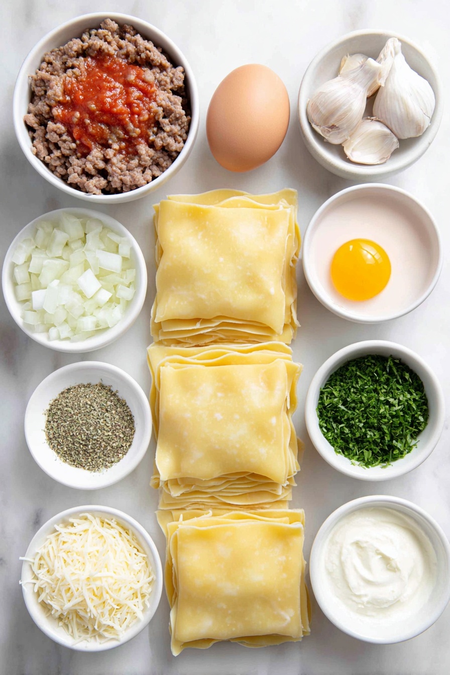 Cheesy Beef Lasagna Roll Ups, cheesy beef lasagna, lasagna roll ups, cheesy pasta casserole, family dinner ideas - Flat lay of twelve cooked lasagna noodles arranged neatly, a mound of fresh ground beef, a small white ceramic bowl filled with vibrant red marinara sauce, a small white bowl of diced white onion, three peeled garlic cloves, a whole clean large brown egg, a small white bowl of creamy ricotta cheese, a small white bowl with shredded pale yellow parmesan cheese, a small white bowl of shredded white mozzarella cheese, a small white bowl of chopped fresh green parsley, a pinch of dried oregano and ground black pepper sprinkled beside the bowls, all ingredients fresh and natural, perfectly balanced and symmetrical, placed on a clean white marble surface, soft natural light, photo taken with an iPhone, professional food photography style, fresh ingredients, white ceramic bowls, no bottles, no duplicates, no utensils, no packaging --ar 2:3 --v 7 --p m7354615311229779997
