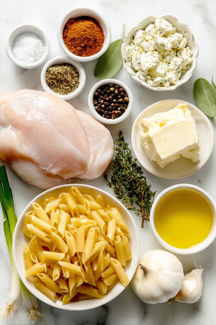 Creamy Cajun Chicken Pasta, Cajun Chicken Pasta, Creamy Chicken Pasta, One-Pot Cajun Pasta, Spicy Cajun Chicken - Flat lay of smoked paprika powder in a small white bowl, fresh oregano sprigs, fresh thyme sprigs, garlic powder in a small white bowl, onion powder in a small white bowl, cayenne pepper powder in a small white bowl, black peppercorns in a small white bowl, coarse salt in a small white bowl, a small pool of golden olive oil in a white bowl, a pat of creamy butter on a white ceramic plate, raw boneless skinless chicken breast, a whole yellow onion, uncooked penne pasta scattered, a small white bowl filled with fire roasted diced tomatoes, a small white bowl with clear chicken broth, chunks of cream cheese on a white plate, three fresh green onions whole and uncut, all ingredients arranged symmetrically and balanced, placed on a clean white marble surface, soft natural light, photo taken with an iPhone, professional food photography style, fresh ingredients, white ceramic bowls, no bottles, no duplicates, no utensils, no packaging --ar 2:3 --v 7 --p m7354615311229779997