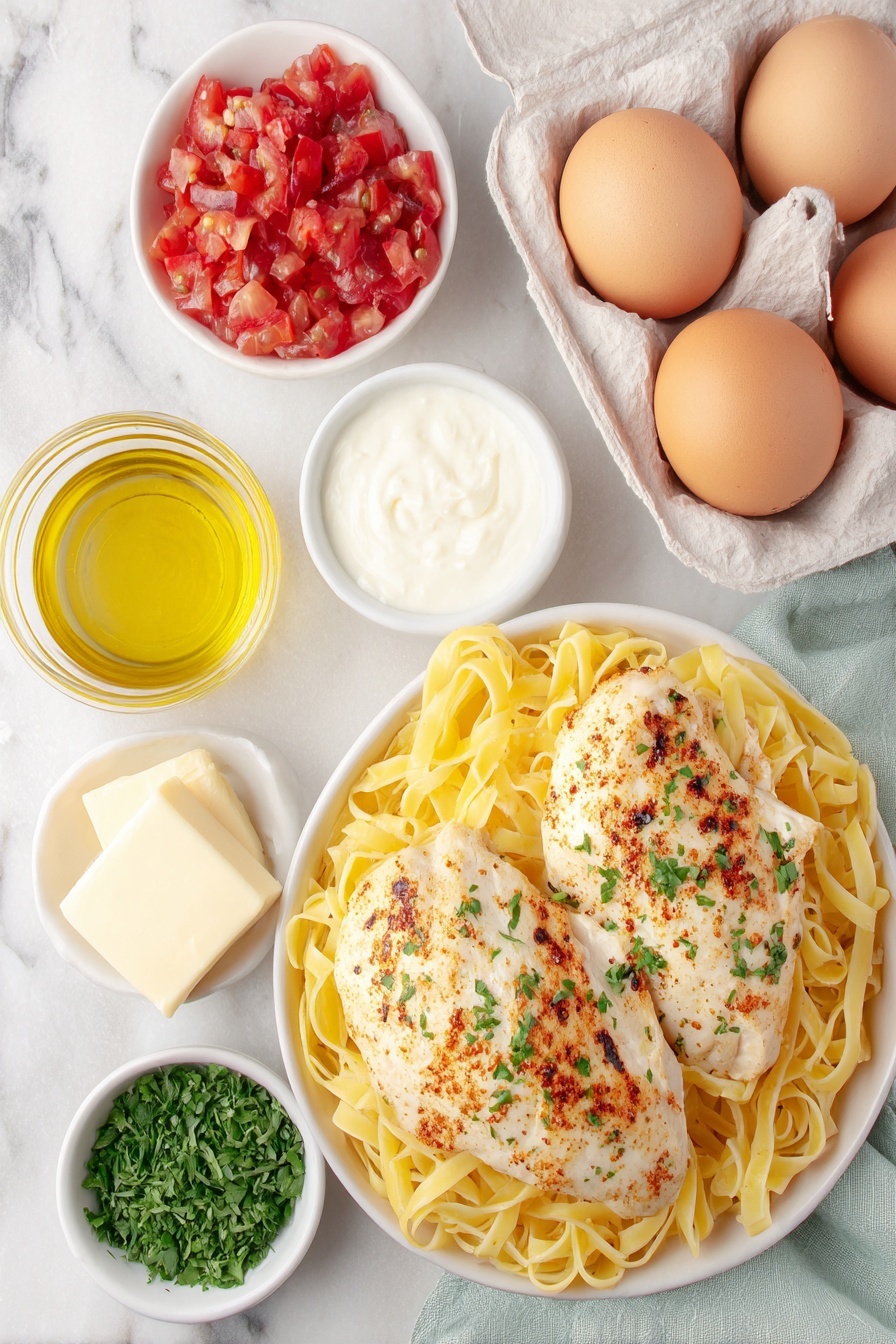 Creamy Cajun Chicken Pasta, Cajun Chicken Pasta, Easy Cajun Pasta, Spicy Creamy Chicken Pasta, Weeknight Dinner Recipes - Flat lay of linguine pasta nest, two boneless skinless chicken breasts seasoned with Cajun spice, a small white bowl of olive oil, a small chunk of unsalted butter on white ceramic plate, three fresh garlic cloves, a small white bowl with diced ripe red tomatoes, a small white bowl filled with heavy whipping cream, a small white bowl of grated parmesan cheese, a small white bowl of finely chopped fresh parsley, whole uncracked eggs in natural brown shells placed symmetrically, placed on a clean white marble surface, soft natural light, photo taken with an iPhone, professional food photography style, fresh ingredients, white ceramic bowls, no bottles, no duplicates, no utensils, no packaging --ar 2:3 --v 7 --p m7354615311229779997