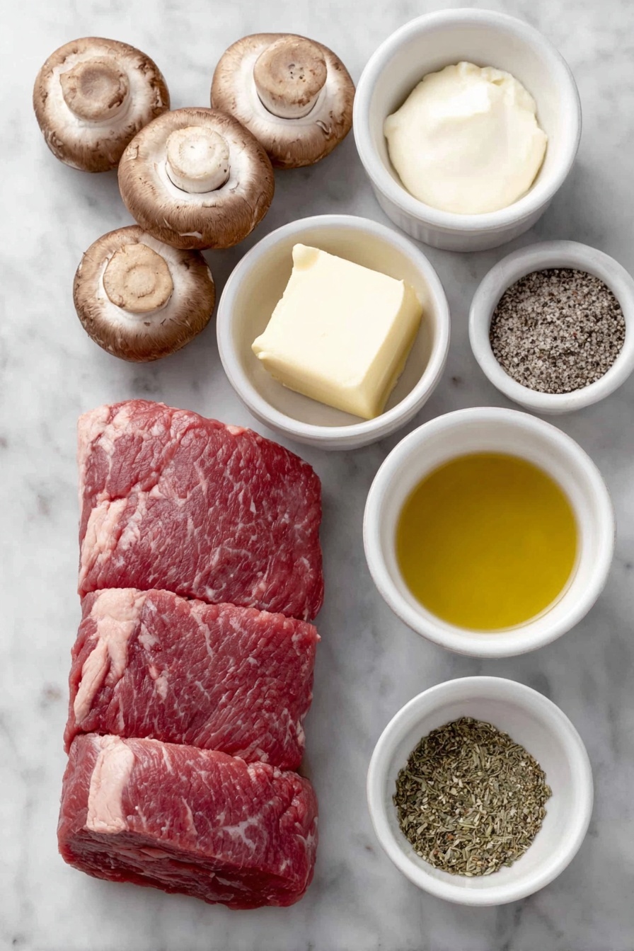 Creamy Mushroom Pork Tenderloin, pork tenderloin recipes, mushroom pork skillet, easy pork dinner, comforting mushroom sauce dishes - Flat lay of a fresh whole pork tenderloin, a few whole brown cremini mushrooms sliced to show texture, three uncracked garlic cloves, a small white ceramic bowl of golden olive oil, a small white ceramic bowl with creamy pale yellow butter, a small white ceramic bowl filled with smooth heavy cream, a small white ceramic bowl holding a clear golden chicken broth, a small white ceramic bowl containing a smooth pale yellow Dijon mustard, a small mound of mixed dried Italian herbs, and a small pile of coarse sea salt and cracked black peppercorns placed on a clean white marble surface, soft natural light, photo taken with an iPhone, professional food photography style, fresh ingredients, white ceramic bowls, no bottles, no duplicates, no utensils, no packaging --ar 2:3 --v 7 --p m7354615311229779997