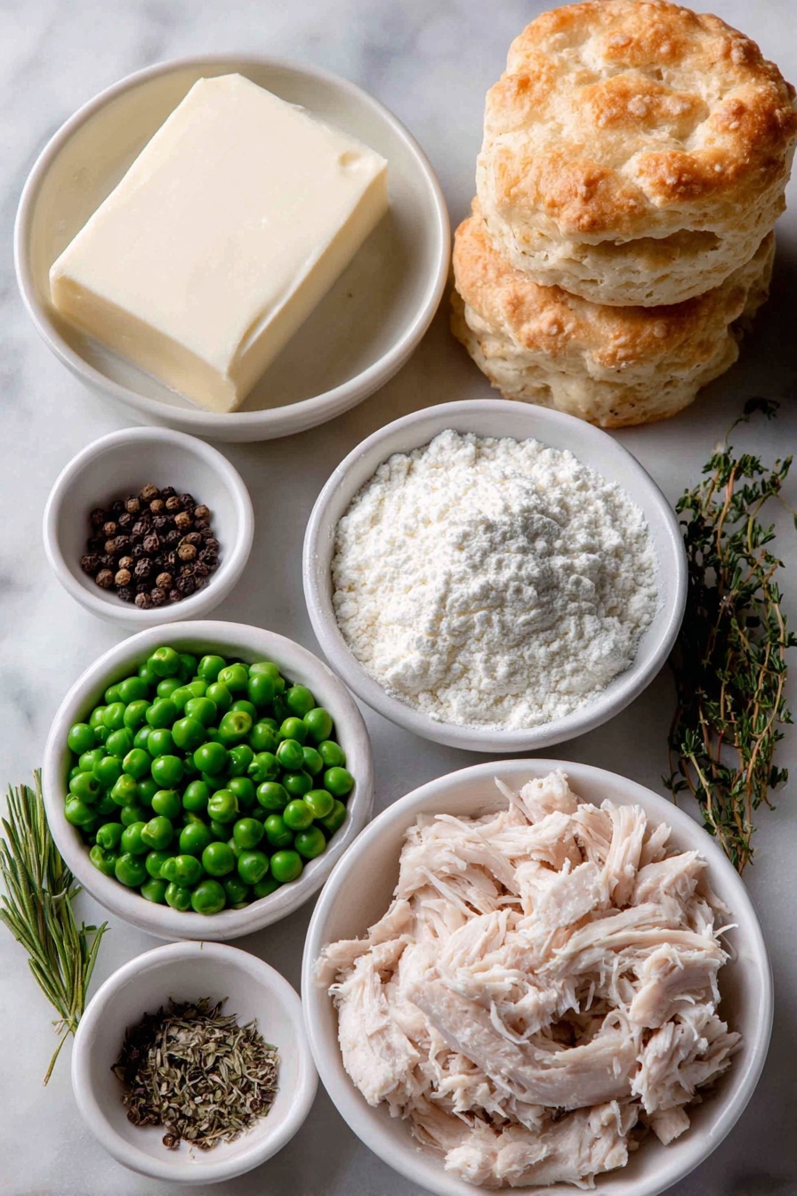 Creamed Chicken Over Biscuits, Creamed Chicken, Chicken and Biscuits, Creamy Chicken Dish, Comfort Food Chicken - Flat lay of unsalted butter in a small white ceramic bowl, a small fresh yellow onion whole and unpeeled, all purpose flour in a small neat mound on a white ceramic plate, coarse salt crystals and whole black peppercorns each in separate small white ceramic bowls, a small white ceramic bowl filled with golden chicken stock, a small white ceramic bowl with creamy half-and-half, dried tarragon sprigs gently resting beside a small pile of fresh green peas, a portion of cooked shredded chicken breast arranged neatly on a white ceramic plate, and a stack of eight golden homemade country biscuits on a simple white ceramic dish, placed on a clean white marble surface, soft natural light, photo taken with an iPhone, professional food photography style, fresh ingredients, white ceramic bowls, no bottles, no duplicates, no utensils, no packaging --ar 2:3 --v 7 --p m7354615311229779997