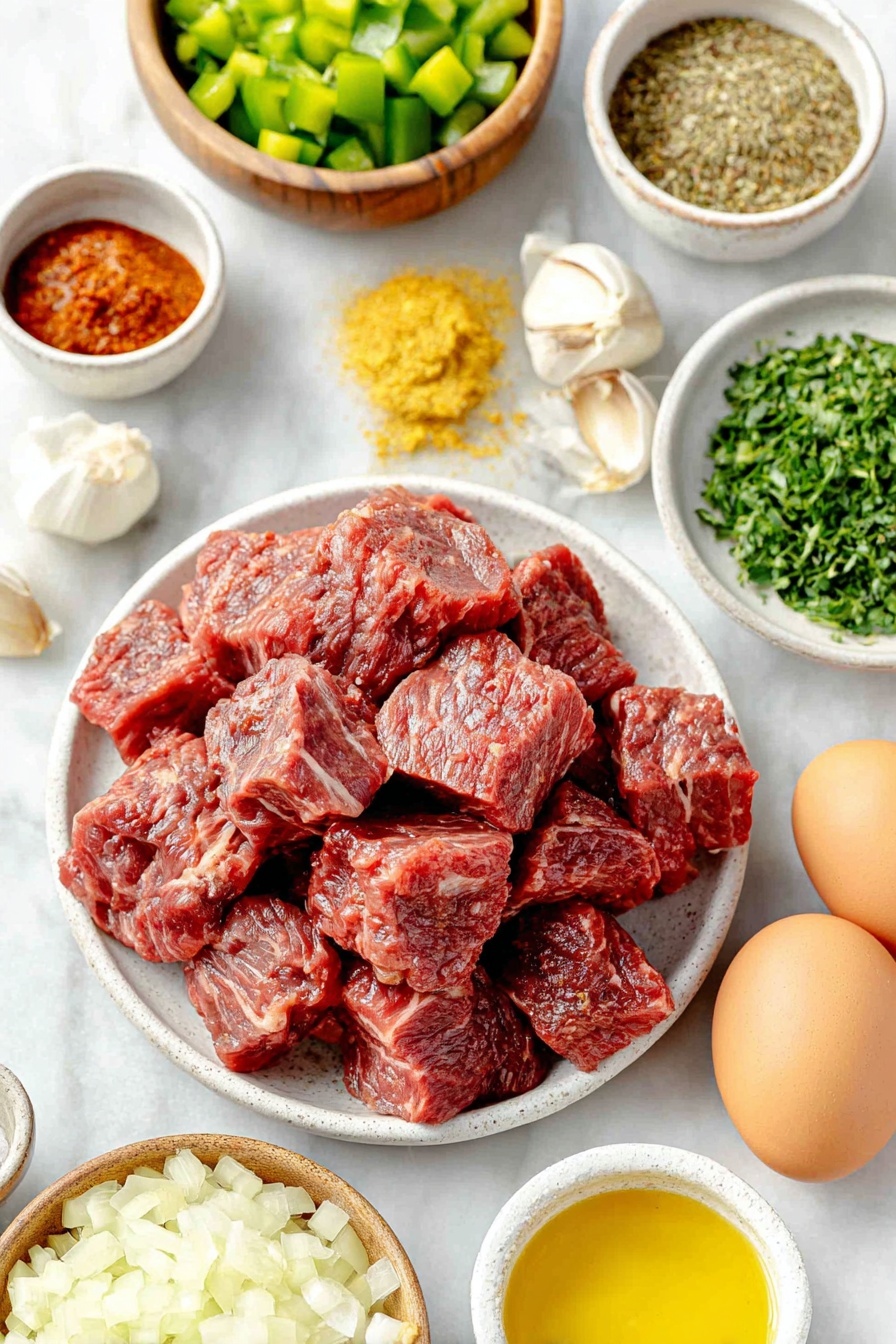 German Beef Goulash, hearty German goulash recipe, authentic German beef stew, flavorful beef goulash with paprika, easy German goulash for dinner - Flat lay of two pounds of cubed fresh beef chuck roast with deep red color, a heap of chopped white onions with a glistening surface, a small pile of diced vibrant green bell pepper, half of a ripe red tomato diced and seeded, three whole garlic cloves with papery skins intact, a handful of bright green chopped fresh parsley, a glossy bay leaf, a wooden bowl holding a mixture of sweet Hungarian paprika, dried marjoram, and whole caraway seeds, two small white ceramic bowls filled with dark rich tomato paste and golden olive oil, and two small white ceramic bowls containing deep brown beef broth and dark red dry red wine, plus two whole uncracked brown eggs nestled aside, all arranged symmetrically on a simple white ceramic plate, placed on a clean white marble surface, soft natural light, photo taken with an iPhone, professional food photography style, fresh ingredients, white ceramic bowls, no bottles, no duplicates, no utensils, no packaging --ar 2:3 --v 7 --p m7354615311229779997