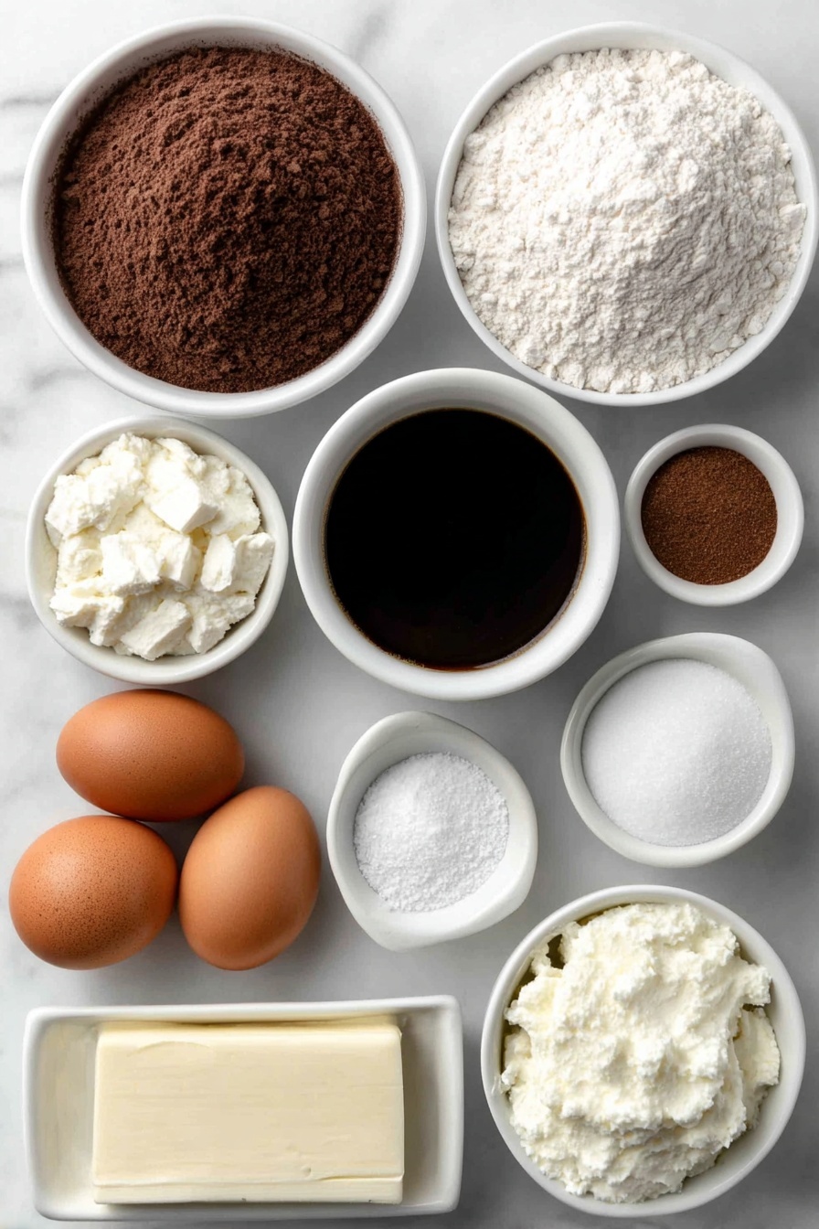 Red Velvet Cake with Cream Cheese Frosting, moist red velvet cake, homemade red velvet cake, best red velvet cake recipe, classic red velvet cake - Flat lay of a small white bowl of hot black coffee, a small white bowl of unsweetened natural cocoa powder, a small white bowl of all-purpose flour, a small white bowl of baking powder, a small white bowl of baking soda, a small white bowl of fine sea salt, a small white bowl of ground cinnamon, a small white bowl of granulated sugar, a small white bowl of fresh vegetable oil, a small white bowl of melted unsalted butter, two whole brown eggs with clean shells, one whole white egg with clean shell, a small white bowl of buttermilk, a small white bowl of vanilla extract, a small white bowl of red gel food coloring, a small white bowl of distilled white vinegar, a small white bowl of cream cheese, a small white bowl of unsalted butter sticks, a small white bowl of powdered sugar placed on a clean white marble surface, soft natural light, photo taken with an iPhone, professional food photography style, fresh ingredients, white ceramic bowls, no bottles, no duplicates, no utensils, no packaging --ar 2:3 --v 7 --p m7354615311229779997