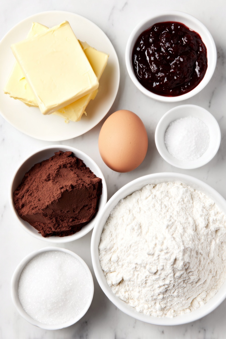 Raspberry Thumbprint Cookies, raspberry thumbprint cookies recipe, homemade raspberry jam cookies, buttery thumbprint cookies, easy raspberry cookies - Flat lay of a small square of pale yellow softened butter, a small heap of white granulated sugar, a single whole brown egg with a clean shell, a small white bowl of clear vanilla extract, a neat mound of fine white flour, a small white bowl of white baking powder, a small pinch of fine white salt, a small white bowl filled with glossy seedless raspberry jam, a small white bowl with fine white confectioners’ sugar, a small white bowl with slightly translucent water, placed on a clean white marble surface, soft natural light, photo taken with an iPhone, professional food photography style, fresh ingredients, white ceramic bowls, no bottles, no duplicates, no utensils, no packaging --ar 2:3 --v 7 --p m7354615311229779997
