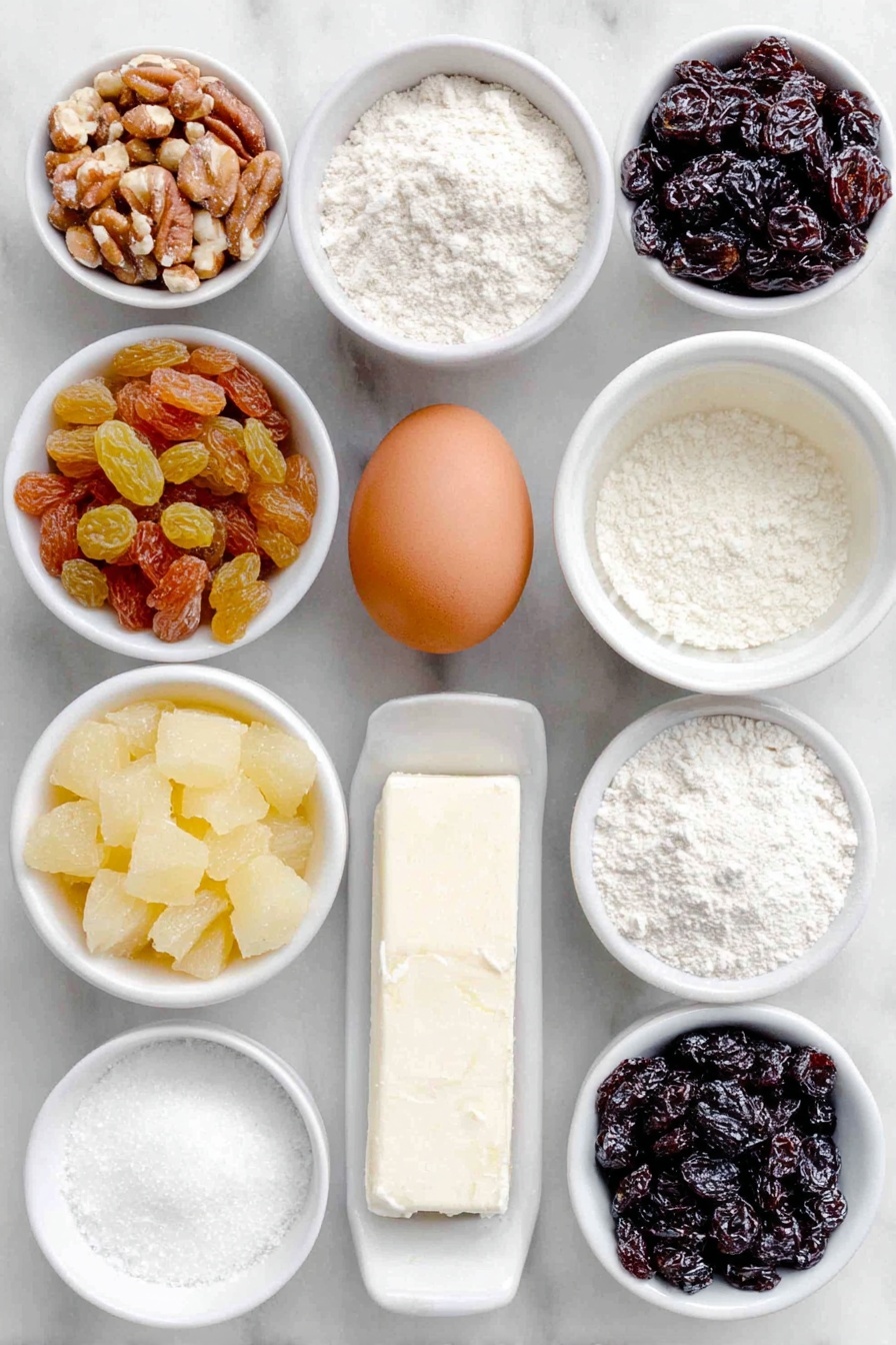 Fruitcake Cookies, festive fruitcake cookies, holiday cookies with dried fruit, chewy fruitcake bites, easy fruitcake cookie recipe - Flat lay of a small pile of plump golden raisins, a handful of coarsely chopped bright red and green candied cherries, a small mound of coarsely chopped golden candied pineapple, a cluster of coarsely chopped large Brazil nuts, a smooth pat of pale golden shortening, a neat heap of white granulated sugar, one whole uncracked brown egg with a clean shell, a small white ceramic bowl filled with clear vanilla extract, a small white ceramic bowl with almond extract, a small pile of white all-purpose flour, a small white ceramic bowl containing baking soda powder, and a small white ceramic bowl of fine salt, all arranged with perfect symmetry in a balanced layout on a clean white marble surface, soft natural light, photo taken with an iPhone, professional food photography style, fresh ingredients, white ceramic bowls, no bottles, no duplicates, no utensils, no packaging --ar 2:3 --v 7 --p m7354615311229779997