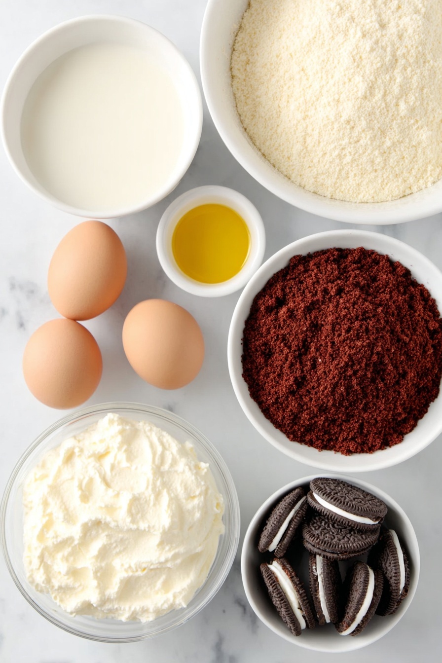 Red Velvet Poke Cake with Cheesecake Pudding, red velvet poke cake, cheesecake pudding dessert, easy red velvet cake, decadent poke cake - Flat lay of a small pile of rich red velvet cake crumbs, two whole uncracked brown eggs, a small white ceramic bowl of golden vegetable oil, a small white ceramic bowl of clear water, two boxes of instant cheesecake pudding mix in powder form (represented as small heaps of fine pale powder), a large white ceramic bowl filled with fresh cold milk, a white ceramic bowl of smooth white whipped topping, and a small white ceramic bowl filled with crushed dark chocolate sandwich cookies with white cream filling visible, all arranged with perfect symmetry and balanced proportions, placed on a clean white marble surface, soft natural light, photo taken with an iPhone, professional food photography style, fresh ingredients, white ceramic bowls, no bottles, no duplicates, no utensils, no packaging --ar 2:3 --v 7 --p m7354615311229779997