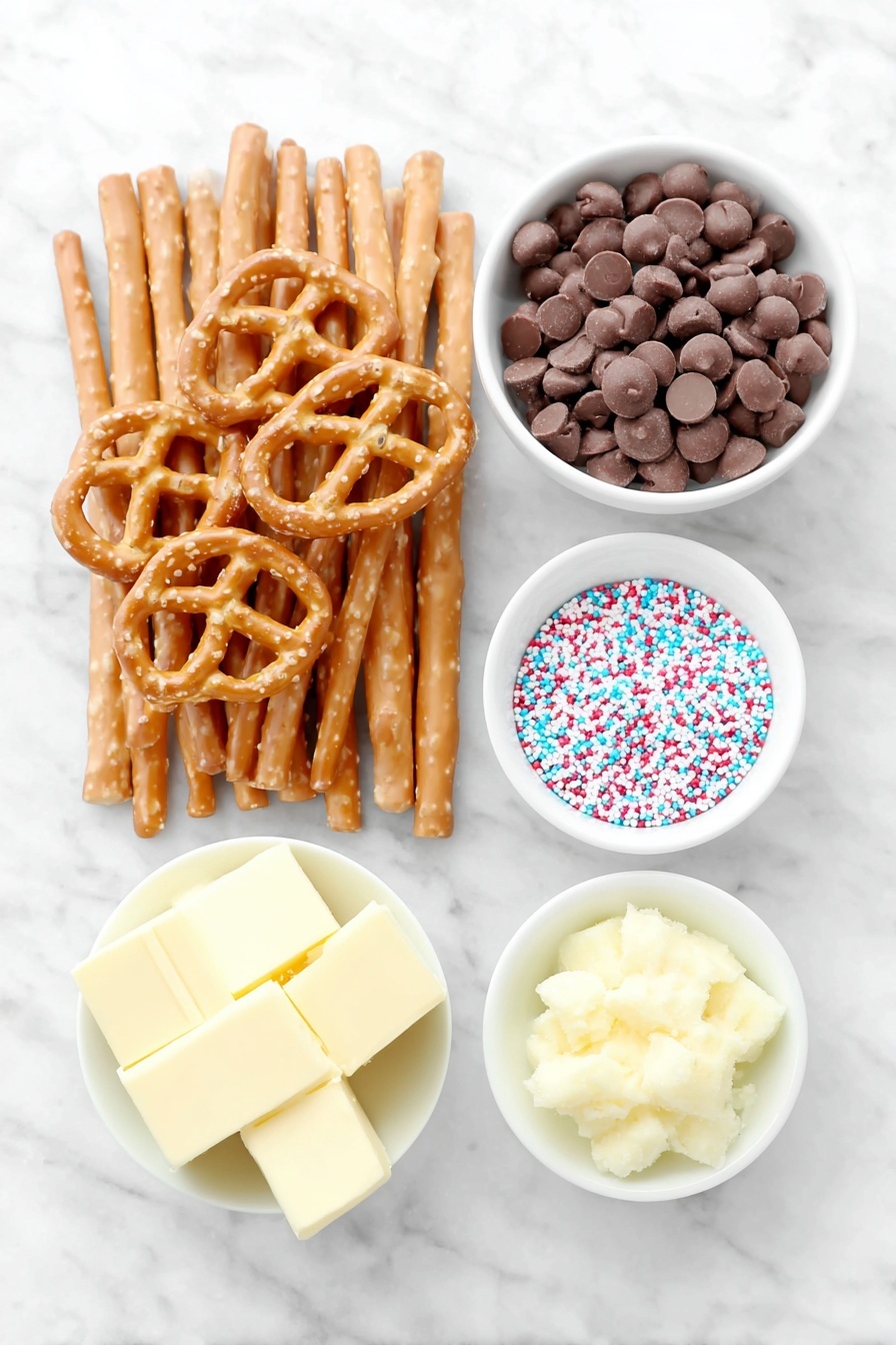 Chocolate Covered Pretzels, Easy Pretzel Snacks, Sweet and Salty Treats, Homemade Chocolate Pretzels, Party Snack Ideas - Flat lay of a handful of miniature pretzel twists with golden brown texture, several long light brown pretzel rods, a small white ceramic bowl filled with smooth milk chocolate chips, a small white ceramic bowl holding colorful round sprinkles, and a small white ceramic bowl containing a chunk of yellowish shortening, all arranged in perfect symmetry on a clean white marble surface, soft natural light, photo taken with an iPhone, professional food photography style, fresh ingredients, white ceramic bowls, no bottles, no duplicates, no utensils, no packaging --ar 2:3 --v 7 --p m7354615311229779997