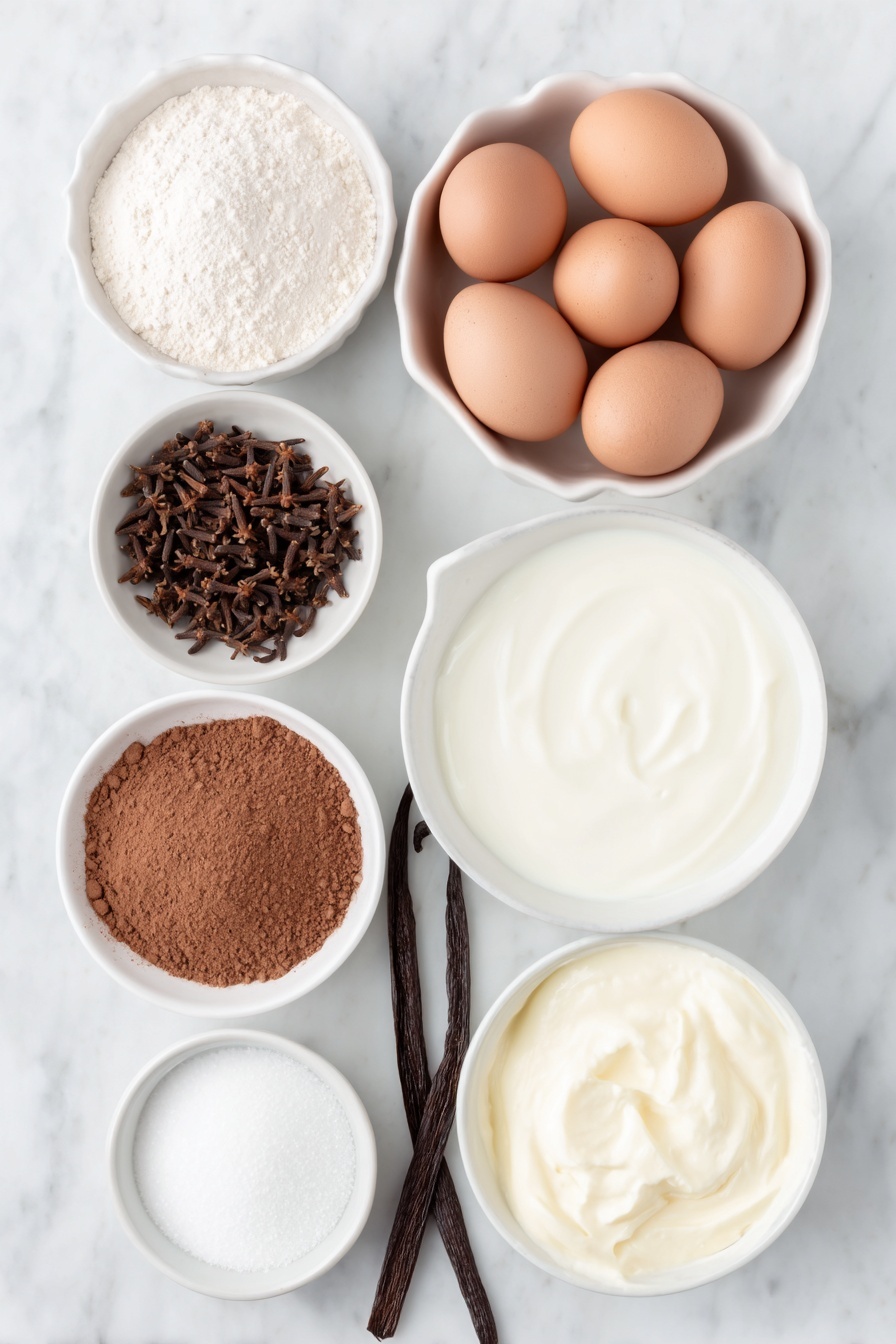 Homemade Eggnog, festive eggnog recipe, holiday eggnog, creamy spiced eggnog, easy eggnog at home - Flat lay of whole milk in a small white ceramic bowl, whole cloves scattered beside it, a small white bowl filled with ground cinnamon, another small white bowl with ground nutmeg, six whole uncracked brown eggs arranged neatly, granulated sugar in a small white bowl, heavy cream in a small white ceramic bowl, a vanilla bean pod placed next to a small white bowl with vanilla extract, and a small white bowl containing spiced rum, all ingredients fresh and natural, perfectly balanced and symmetrical, placed on a clean white marble surface, soft natural light, photo taken with an iPhone, professional food photography style, fresh ingredients, white ceramic bowls, no bottles, no duplicates, no utensils, no packaging --ar 2:3 --v 7 --p m7354615311229779997