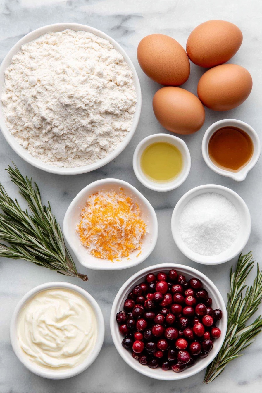 Orange Cranberry Loaf with Glaze, festive orange cranberry bread, citrus cranberry pound cake, moist orange cranberry loaf, holiday fruit loaf - Flat lay of two whole brown eggs with clean shells, a small white ceramic bowl of all-purpose flour, a small white ceramic bowl containing granulated sugar mixed with bright orange zest, a small white ceramic bowl filled with smooth buttermilk, a small white ceramic bowl with golden canola oil, a small white ceramic bowl of fresh orange juice, a few sprigs of fresh orange zest, a mound of fresh red cranberries, a small white ceramic bowl of fine powdered sugar, a small white ceramic bowl with additional fresh orange juice, all arranged symmetrically on a clean white marble surface, soft natural light, photo taken with an iPhone, professional food photography style, fresh ingredients, white ceramic bowls, no bottles, no duplicates, no utensils, no packaging --ar 2:3 --v 7 --p m7354615311229779997