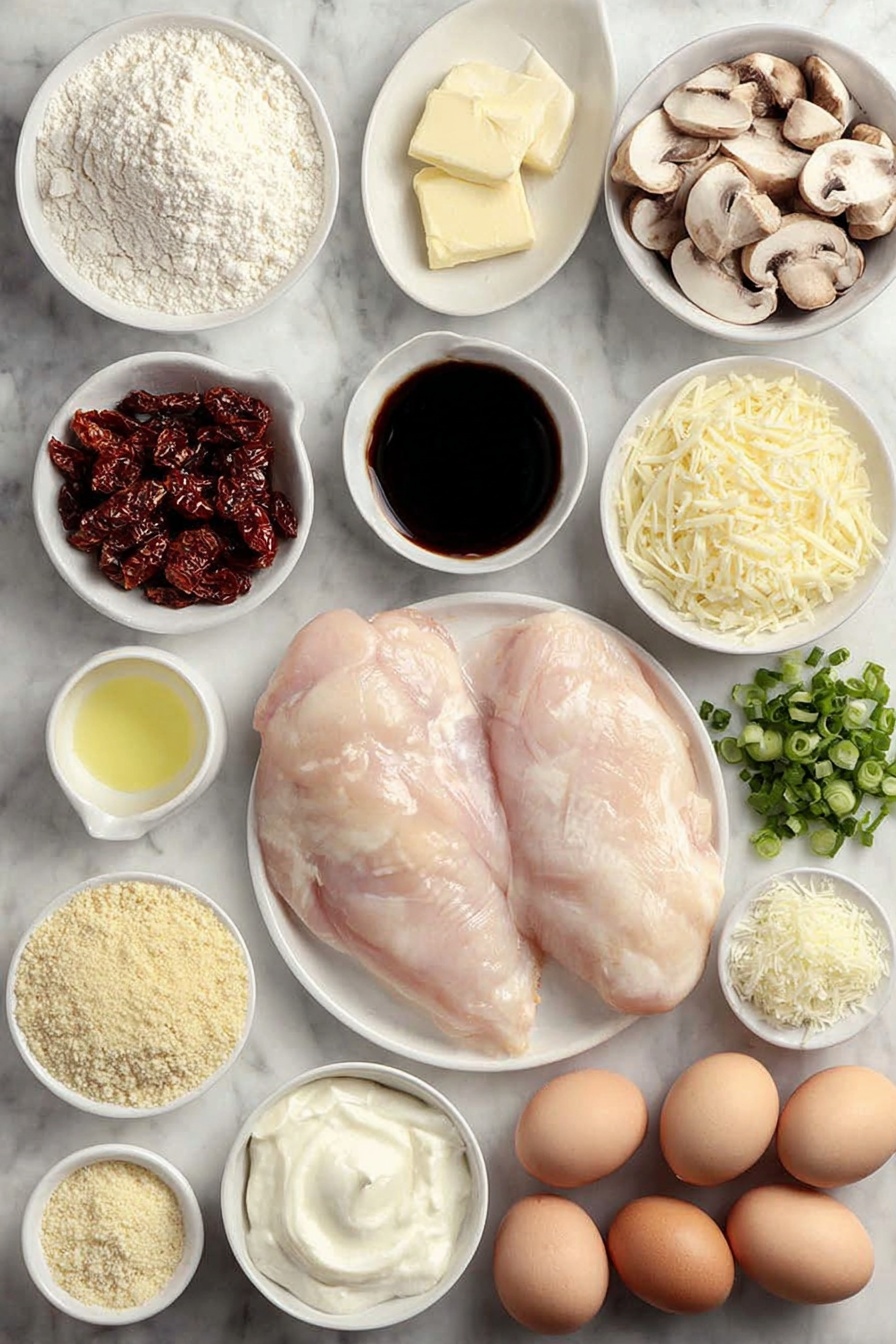 Stuffed Chicken Marsala with Mushrooms, Chicken Marsala stuffing, Italian stuffed chicken recipe, cheesy chicken Marsala, mushroom stuffed chicken - Flat lay of two large boneless skinless chicken breasts, a small mound of all-purpose flour on a white ceramic plate, three tablespoons of butter in a small white bowl, a small white bowl filled with deep amber Marsala wine, a small white bowl of thick heavy cream, a white ceramic plate with sliced cremini mushrooms, a small white bowl with shredded smoked Gouda cheese, a small white bowl with shredded mozzarella cheese, a small white bowl with grated Parmesan cheese, a small white bowl of golden breadcrumbs, a small white bowl of creamy sour cream, six pieces of glossy sun-dried tomatoes, sliced green onions arranged neatly on a white plate, a small bunch of finely chopped fresh parsley on a white dish, two brown whole uncracked eggs, a small white bowl with light avocado oil, all items fresh and natural, perfect symmetry, realistic proportions, placed on a clean white marble surface, soft natural light, photo taken with an iPhone, professional food photography style, fresh ingredients, white ceramic bowls, no bottles, no duplicates, no utensils, no packaging --ar 2:3 --v 7 --p m7354615311229779997