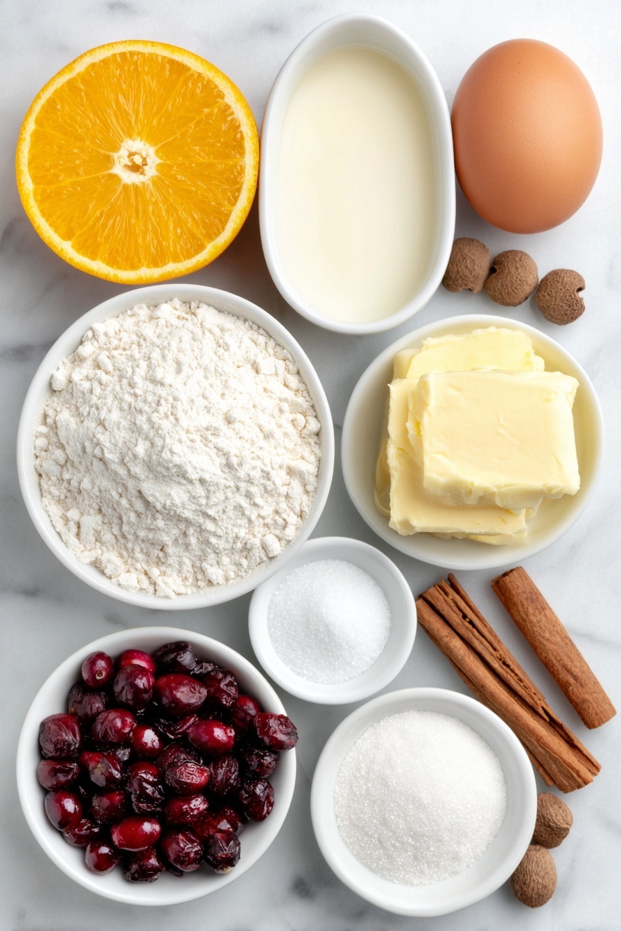 Cranberry Orange Sweet Rolls, cranberry orange sweet rolls, citrus cranberry rolls, holiday breakfast rolls, easy cranberry orange buns - Flat lay of a whole uncracked brown egg, a small white ceramic bowl of warm milk, a small white ceramic bowl with melted salted butter, a small white ceramic bowl of granulated sugar, a small white ceramic bowl of powdered sugar, a fresh orange whole and one half with bright orange zest, a small white ceramic bowl with pure vanilla extract, fresh whole cranberries, a small white ceramic bowl containing white flour, a few whole warm spices including cinnamon sticks, cloves, and nutmeg pods, all arranged with perfect symmetry on a clean white marble surface, soft natural light, photo taken with an iPhone, professional food photography style, fresh ingredients, white ceramic bowls, no bottles, no duplicates, no utensils, no packaging --ar 2:3 --v 7 --p m7354615311229779997