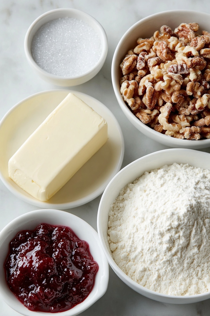 Raspberry Cream Cheese Pinwheel Cookies, raspberry cream cheese cookies, cream cheese pinwheel cookies, raspberry dessert cookies, easy pinwheel cookie recipe - Flat lay of a small mound of white all-purpose flour, a pinch of fine salt beside it, a neat block of smooth cream cheese, a chunk of pale yellow butter, a small white bowl filled with vibrant red raspberry jam, a scattering of coarsely chopped fresh walnuts, and another small white bowl holding sparkling coarse sugar, all arranged symmetrically on a simple white ceramic plate and bowls, placed on a clean white marble surface, soft natural light, photo taken with an iPhone, professional food photography style, fresh ingredients, white ceramic bowls, no bottles, no duplicates, no utensils, no packaging --ar 2:3 --v 7 --p m7354615311229779997
