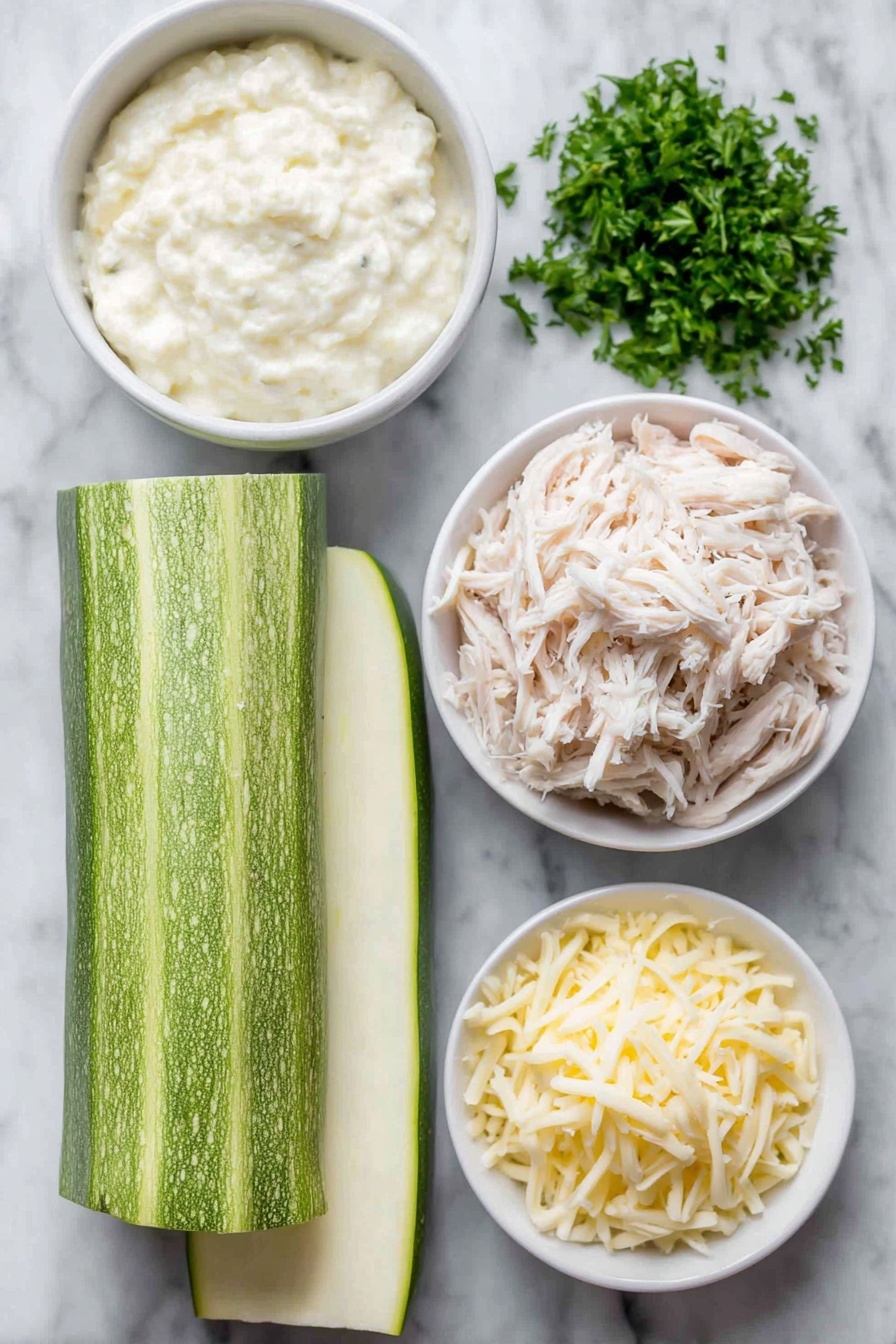 Chicken Alfredo Zucchini Roll Ups, healthy zucchini chicken roll ups, low carb chicken Alfredo, creamy zucchini chicken wraps, easy zucchini chicken dinner - Flat lay of a large thick zucchini sliced lengthwise showing fresh green skin and pale interior, a small neat pile of shredded white chicken breast meat, a small white ceramic bowl filled with creamy alfredo sauce, a small mound of shredded mozzarella cheese with soft white strands, a small pile of thinly shaved pale yellow parmesan cheese, and a few fresh sprigs of bright green parsley arranged symmetrically in simple white ceramic bowls, placed on a clean white marble surface, soft natural light, photo taken with an iPhone, professional food photography style, fresh ingredients, white ceramic bowls, no bottles, no duplicates, no utensils, no packaging --ar 2:3 --v 7 --p m7354615311229779997