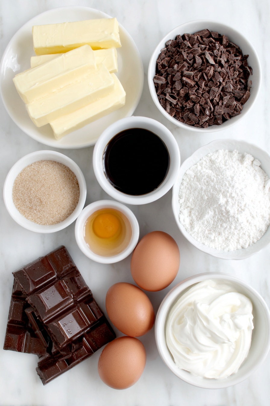 Dark Chocolate Espresso Cake without recipe, decadent chocolate cake, espresso flavored dessert, brown butter frosting recipe, moist chocolate cake - Flat lay of unsalted butter sticks, a small white bowl of rich dark espresso coffee, a small white bowl of fine cocoa powder, roughly chopped dark chocolate bar pieces, light brown sugar piled naturally on a white ceramic plate, a small white bowl of golden bourbon vanilla extract, a small white bowl of kosher salt crystals, three whole brown eggs with clean shells, two whole egg yolks in a small white bowl, a small white bowl of all-purpose flour, a small white bowl of baking soda powder, a small white bowl of powdered sugar, and a small white bowl of cold heavy cream placed on a clean white marble surface, soft natural light, photo taken with an iPhone, professional food photography style, fresh ingredients, white ceramic bowls, no bottles, no duplicates, no utensils, no packaging --ar 2:3 --v 7 --p m7354615311229779997