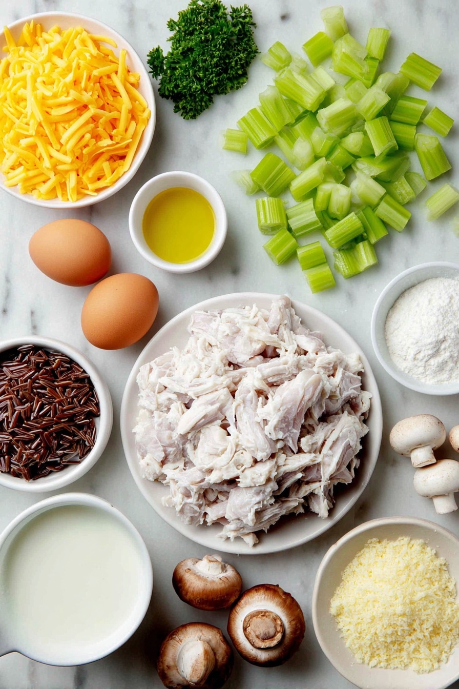 Cheesy Chicken Wild Rice Casserole, chicken and wild rice bake, easy cheesy chicken casserole, hearty chicken rice dish, comforting chicken casserole - Flat lay of raw chopped chicken breasts in a small pile, a small mound of cooked wild rice blend, a whole yellow onion diced into cubes, three fresh celery stalks chopped, three peeled and chopped carrots, six unpeeled garlic cloves minced, a cluster of sliced baby Bella mushrooms, two whole brown eggs with clean shells, a few sprigs of fresh parsley, a small white ceramic bowl of olive oil, a small white ceramic bowl of unsalted butter, a small white ceramic bowl of low sodium chicken broth, a small white ceramic bowl of milk, a small white ceramic bowl of cornstarch, a small white ceramic bowl of all-purpose flour, a small white ceramic bowl of freshly grated sharp cheddar cheese, a small white ceramic bowl of freshly grated Parmesan cheese, a small white ceramic bowl of panko breadcrumbs, all ingredients arranged in perfect symmetry on a clean white marble surface, soft natural light, photo taken with an iPhone, professional food photography style, fresh ingredients, white ceramic bowls, no bottles, no duplicates, no utensils, no packaging --ar 2:3 --v 7 --p m7354615311229779997