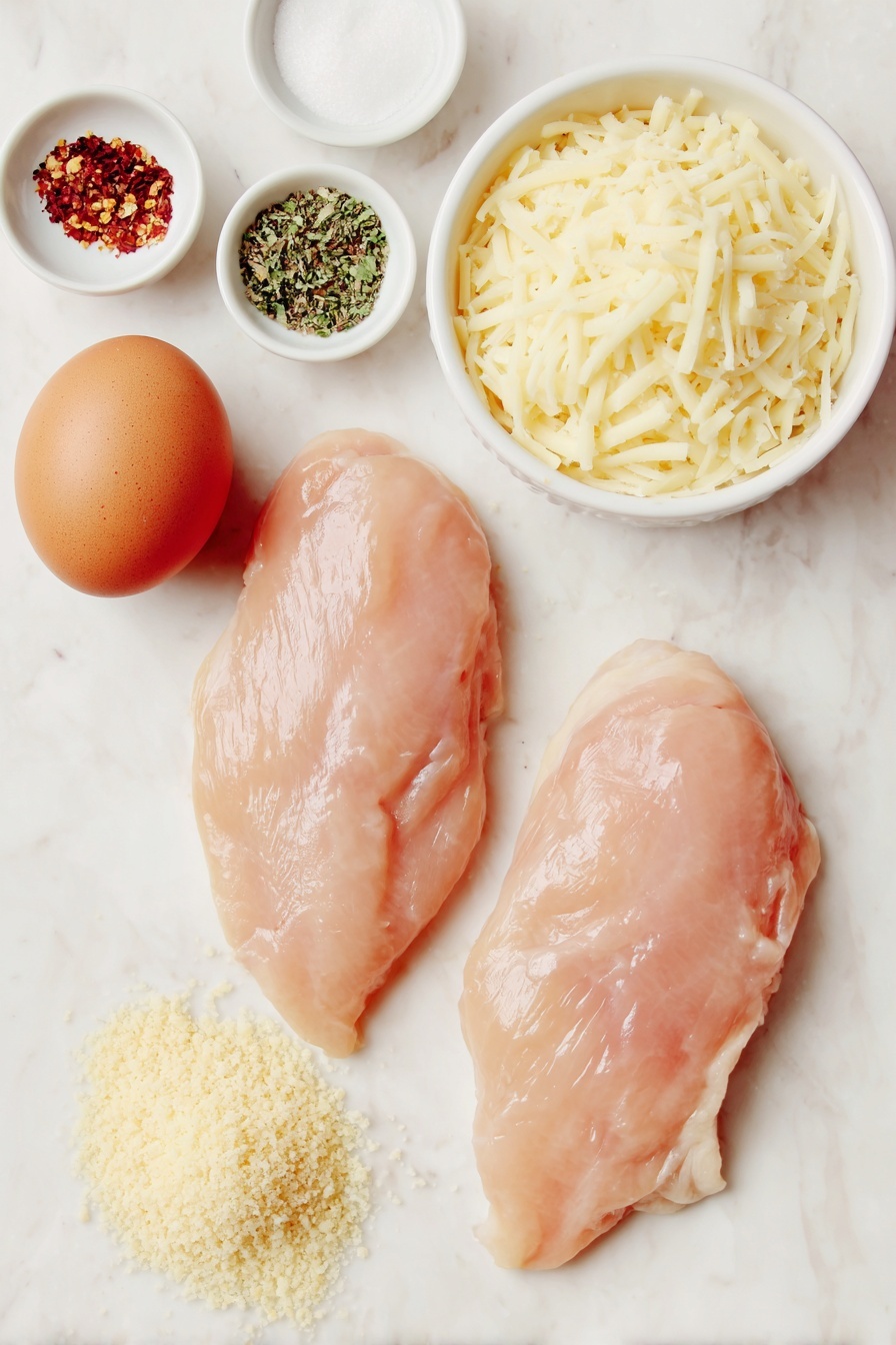 Air Fryer Parmesan Chicken Breast, crispy chicken, healthy chicken dinner, quick chicken recipes, easy air fryer chicken - Flat lay of two large raw boneless, skinless chicken breasts, a small mound of finely grated pale yellow Parmesan cheese, a small heap of golden Panko breadcrumbs, a small white bowl filled with mixed Italian seasoning herbs, a small white bowl with fine garlic powder, a small white bowl with coarse Kosher salt, a small white bowl of freshly ground black pepper, one large whole brown egg with a clean shell, all arranged symmetrically on a clean white marble surface, soft natural light, photo taken with an iPhone, professional food photography style, fresh ingredients, white ceramic bowls, no bottles, no duplicates, no utensils, no packaging --ar 2:3 --v 7 --p m7354615311229779997