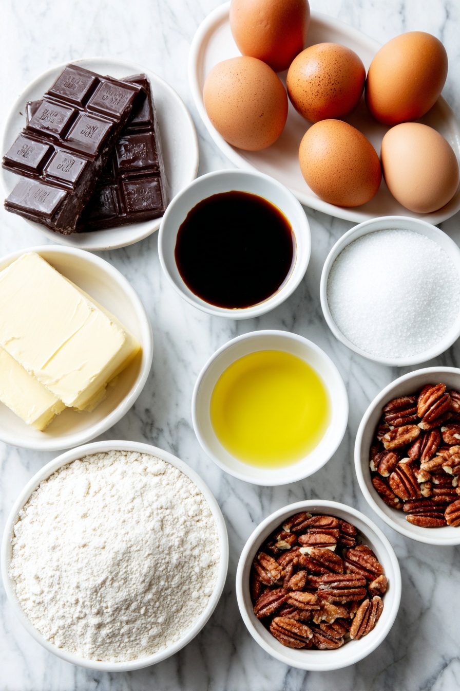 Gooey Pecan Pie Brownies, Pecan Pie Brownies, Chocolate Pecan Bar Recipe, Nutty Fudge Brownies, Easy Pecan Dessert - Flat lay of whole uncracked brown eggs, a small pile of glossy dark chocolate chunks, a few sticks of unsalted butter, a small white bowl of granulated sugar, a small white bowl with dark brown instant coffee dissolved in water, a small heap of sifted all-purpose flour, a small mound of sifted Dutch processed cocoa powder, a small white bowl of maple syrup, a small white bowl of light brown sugar, a small white bowl of melted butter, a small white bowl with golden vanilla extract, toasted pecan halves and pieces scattered naturally, all arranged with perfect symmetry on simple white ceramic bowls and dishes, placed on a clean white marble surface, soft natural light, photo taken with an iPhone, professional food photography style, fresh ingredients, white ceramic bowls, no bottles, no duplicates, no utensils, no packaging --ar 2:3 --v 7 --p m7354615311229779997