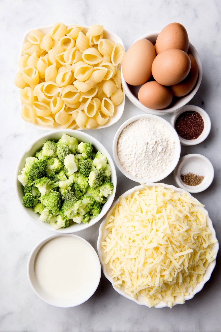 Baked Broccoli Mac and Cheese, cheesy broccoli pasta bake, healthy baked macaroni and cheese, easy comfort food recipes, cheesy veggie casserole - Flat lay of medium shell pasta, bright green diced fresh broccoli florets, four tablespoons of golden salted butter, a small white bowl of fine white flour, a small white bowl of whole milk, whole uncracked brown eggs, a small white bowl of kosher salt crystals, a small white bowl of ground black pepper, a small white bowl of garlic powder, a small white bowl holding a pinch of ground nutmeg, a small white bowl heaped with shredded sharp cheddar cheese, and a small white bowl filled with golden seasoned panko bread crumbs, all arranged in perfect symmetry on a clean white marble surface, soft natural light, photo taken with an iPhone, professional food photography style, fresh ingredients, white ceramic bowls, no bottles, no duplicates, no utensils, no packaging --ar 2:3 --v 7 --p m7354615311229779997